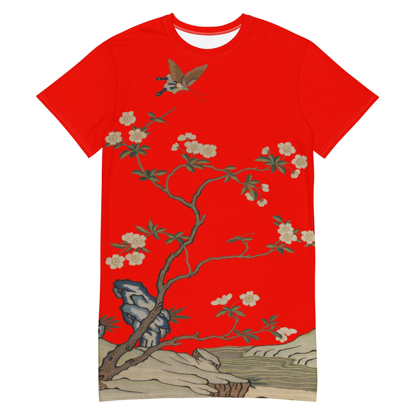 タペストリーの花|梅の花と蝶|Tシャツドレス|Garnet red