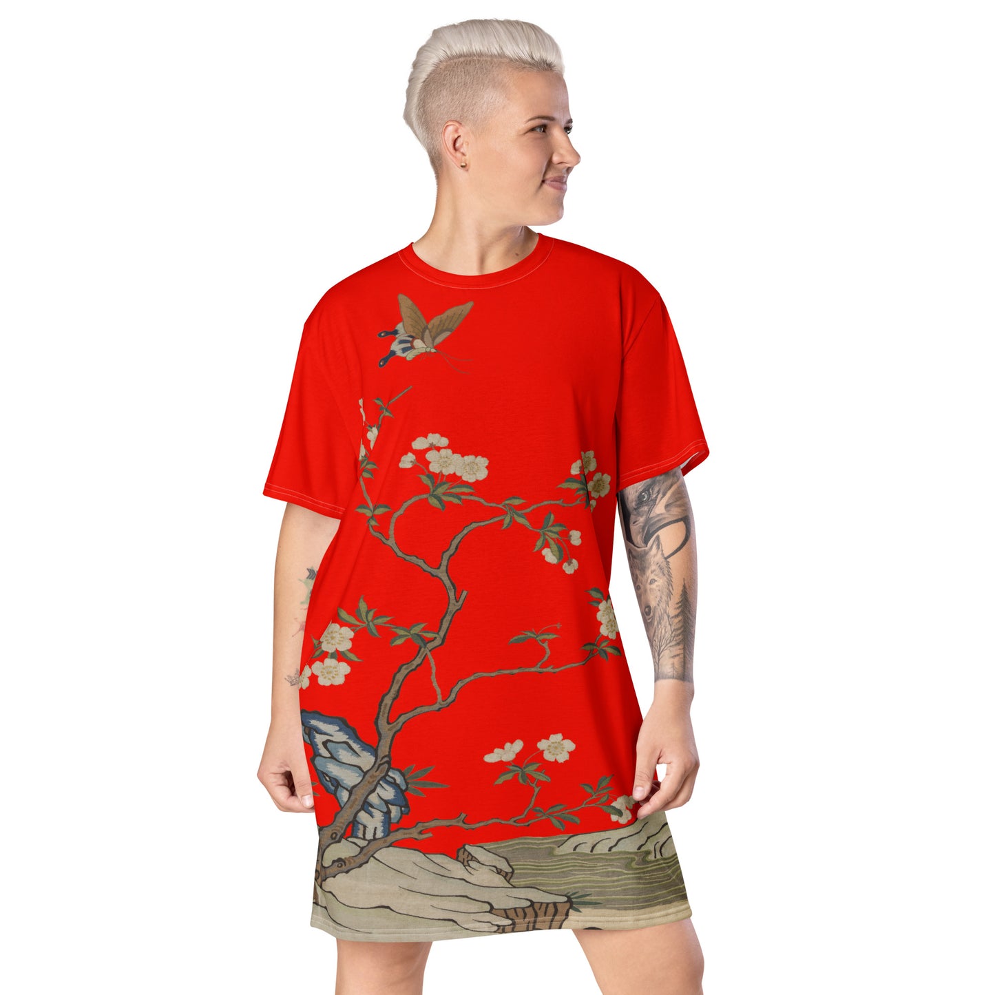 タペストリーの花|梅の花と蝶|Tシャツドレス|Garnet red