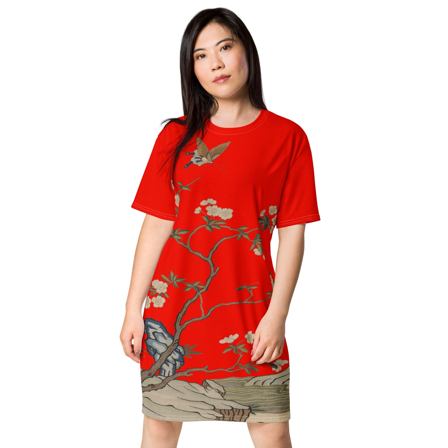 タペストリーの花|梅の花と蝶|Tシャツドレス|Garnet red