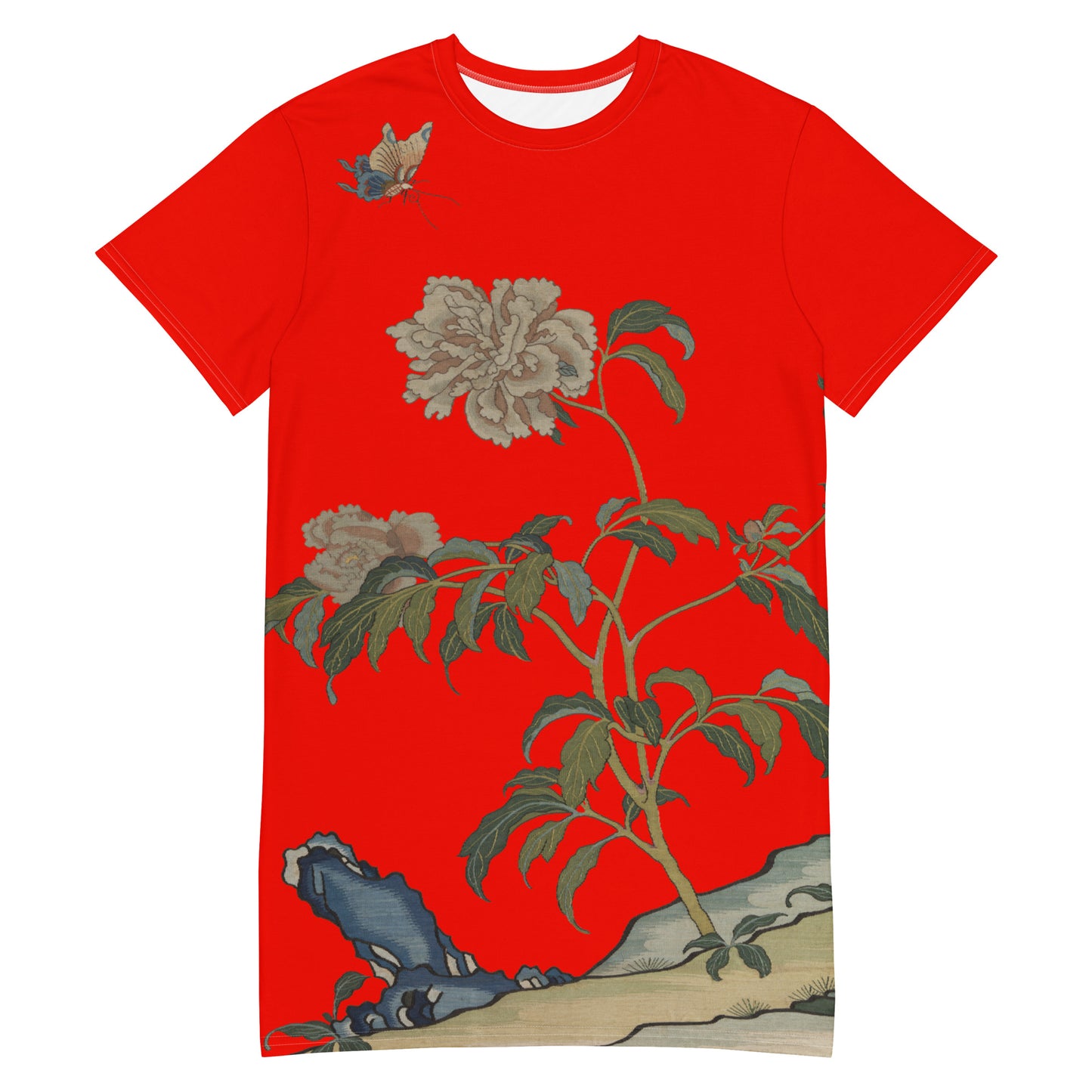 タペストリーの花|Peonies and Butterfly|Tシャツドレス|Garnet red