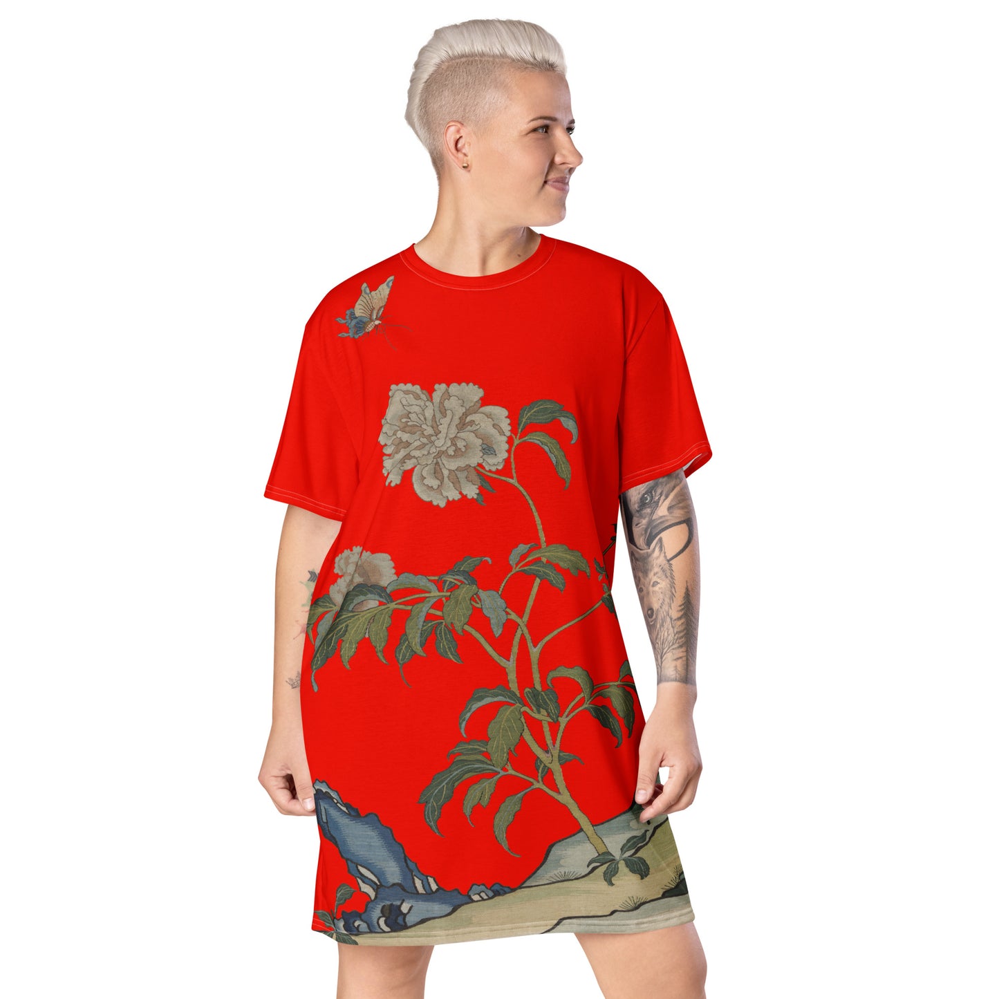 タペストリーの花|Peonies and Butterfly|Tシャツドレス|Garnet red