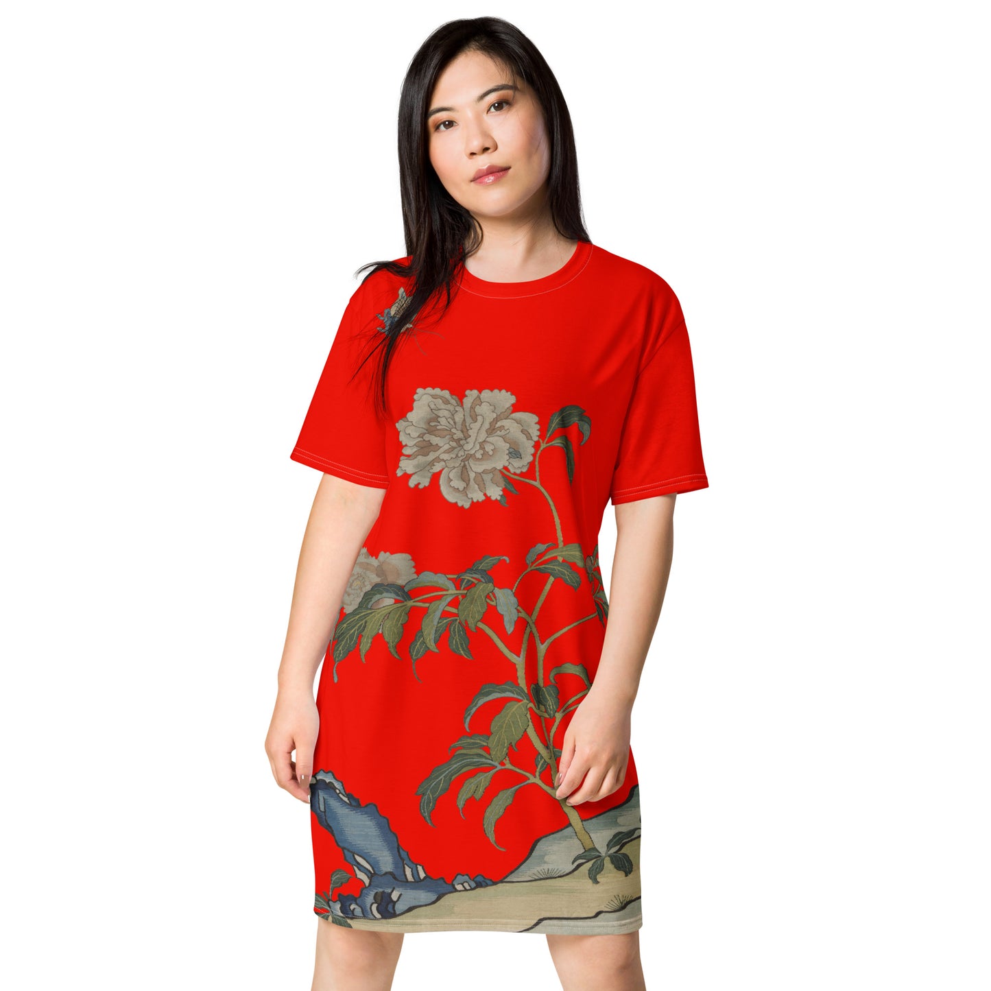 タペストリーの花|Peonies and Butterfly|Tシャツドレス|Garnet red