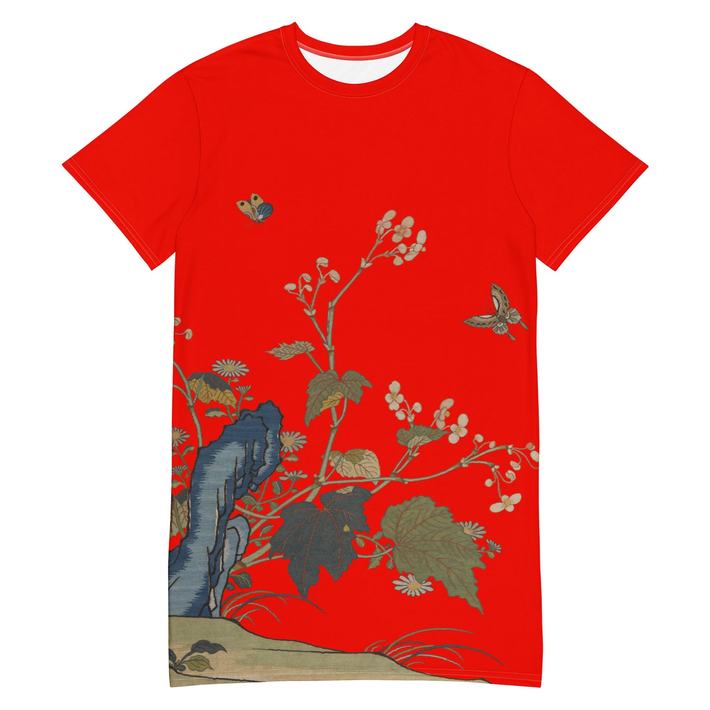 タペストリーの花|Begonia Blossoms|T-shirt dress|Garnet red
