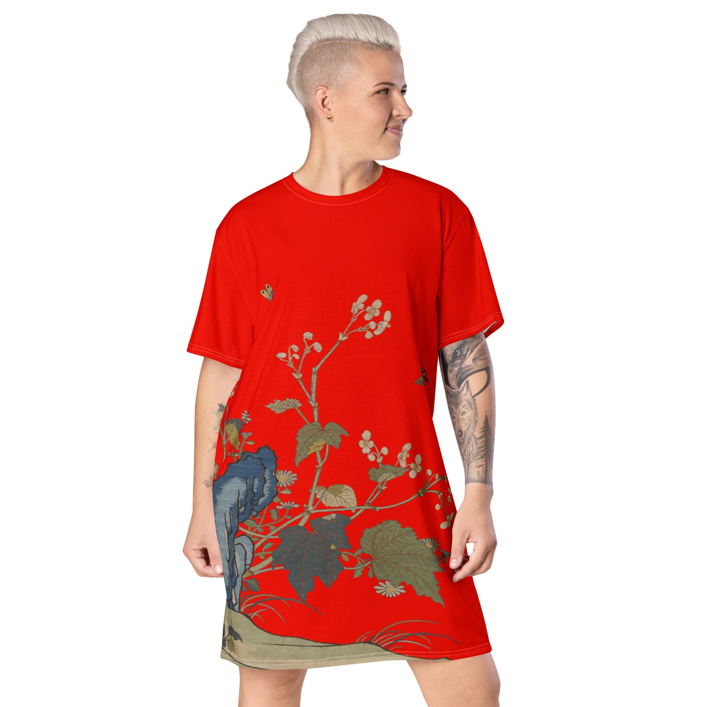タペストリーの花|Begonia Blossoms|T-shirt dress|Garnet red