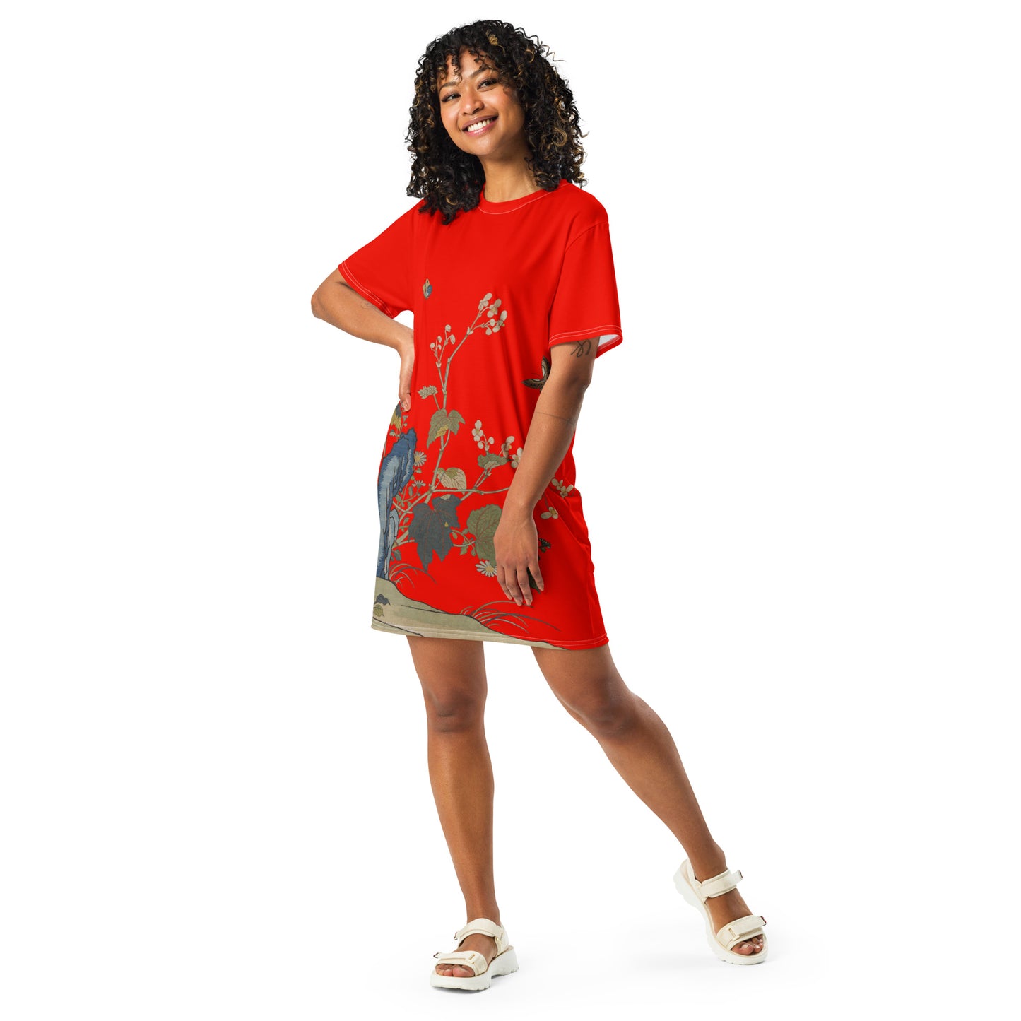 タペストリーの花|Begonia Blossoms|T-shirt dress|Garnet red