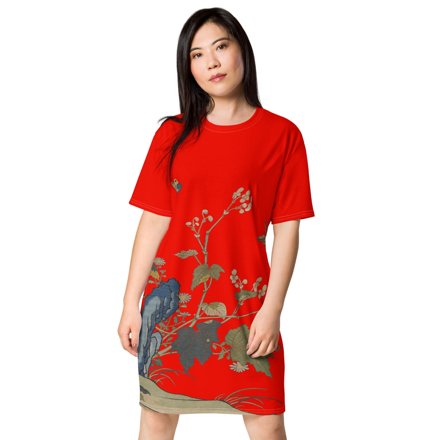 タペストリーの花|Begonia Blossoms|T-shirt dress|Garnet red