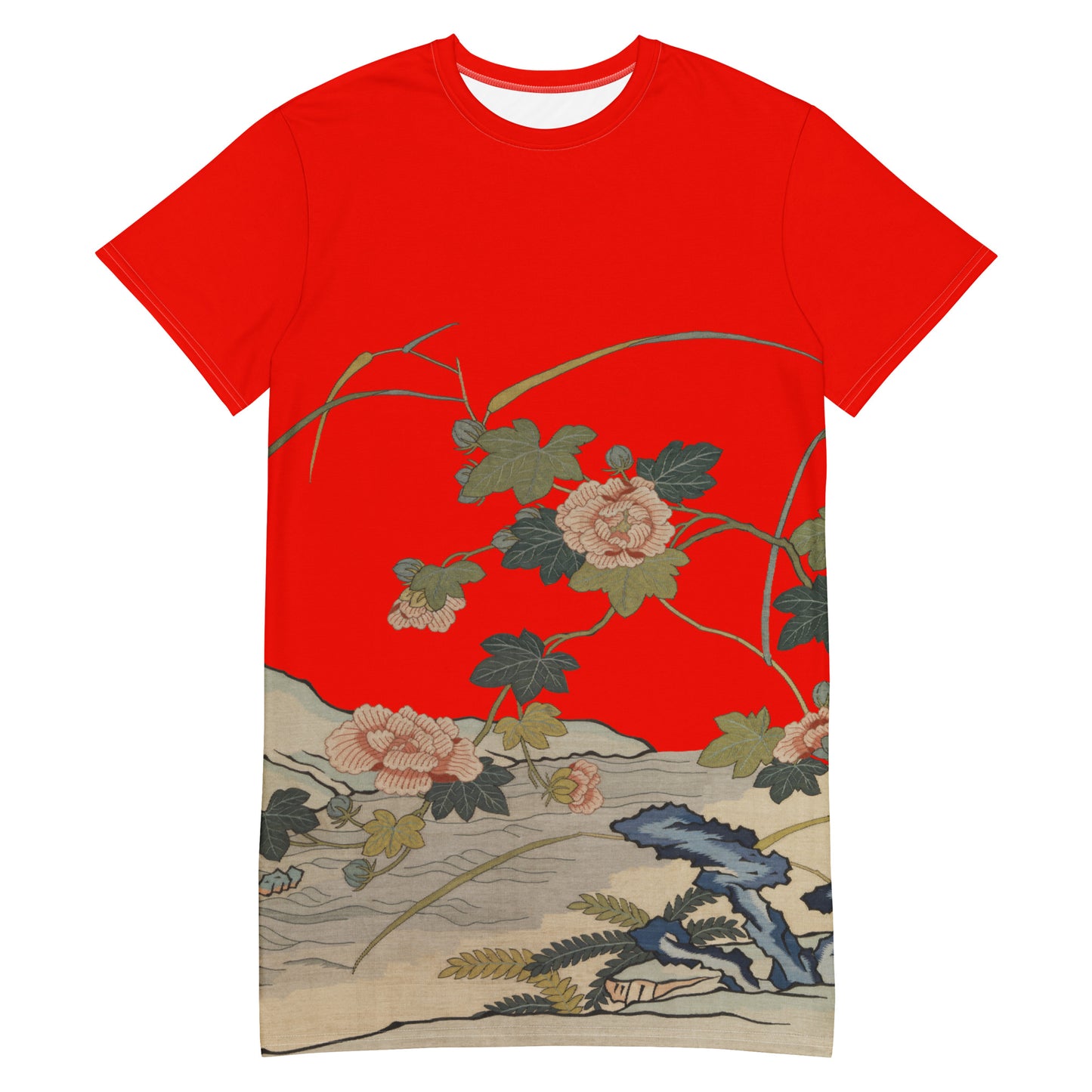 タペストリーの花|水辺のハイビスカス|Tシャツドレス|Garnet red