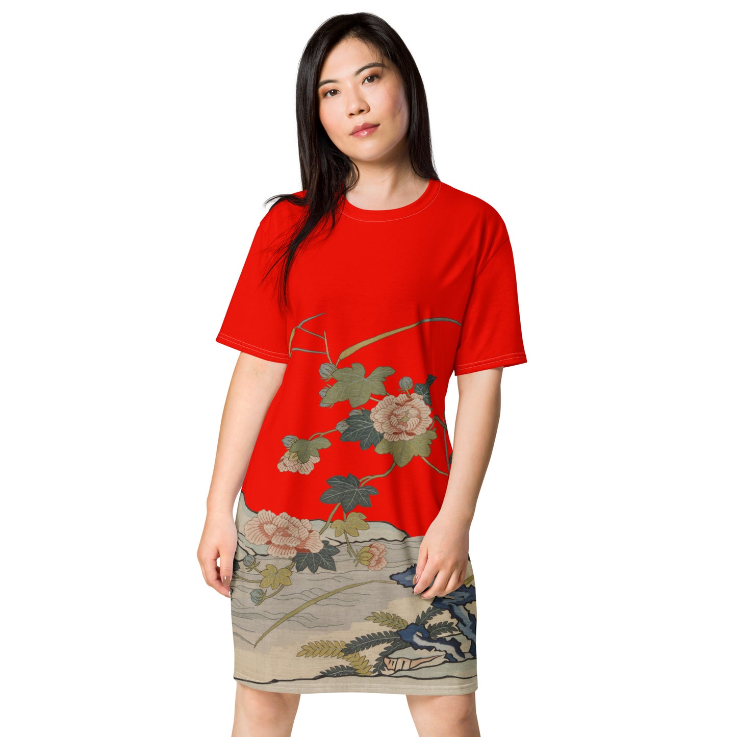 タペストリーの花|水辺のハイビスカス|Tシャツドレス|Garnet red