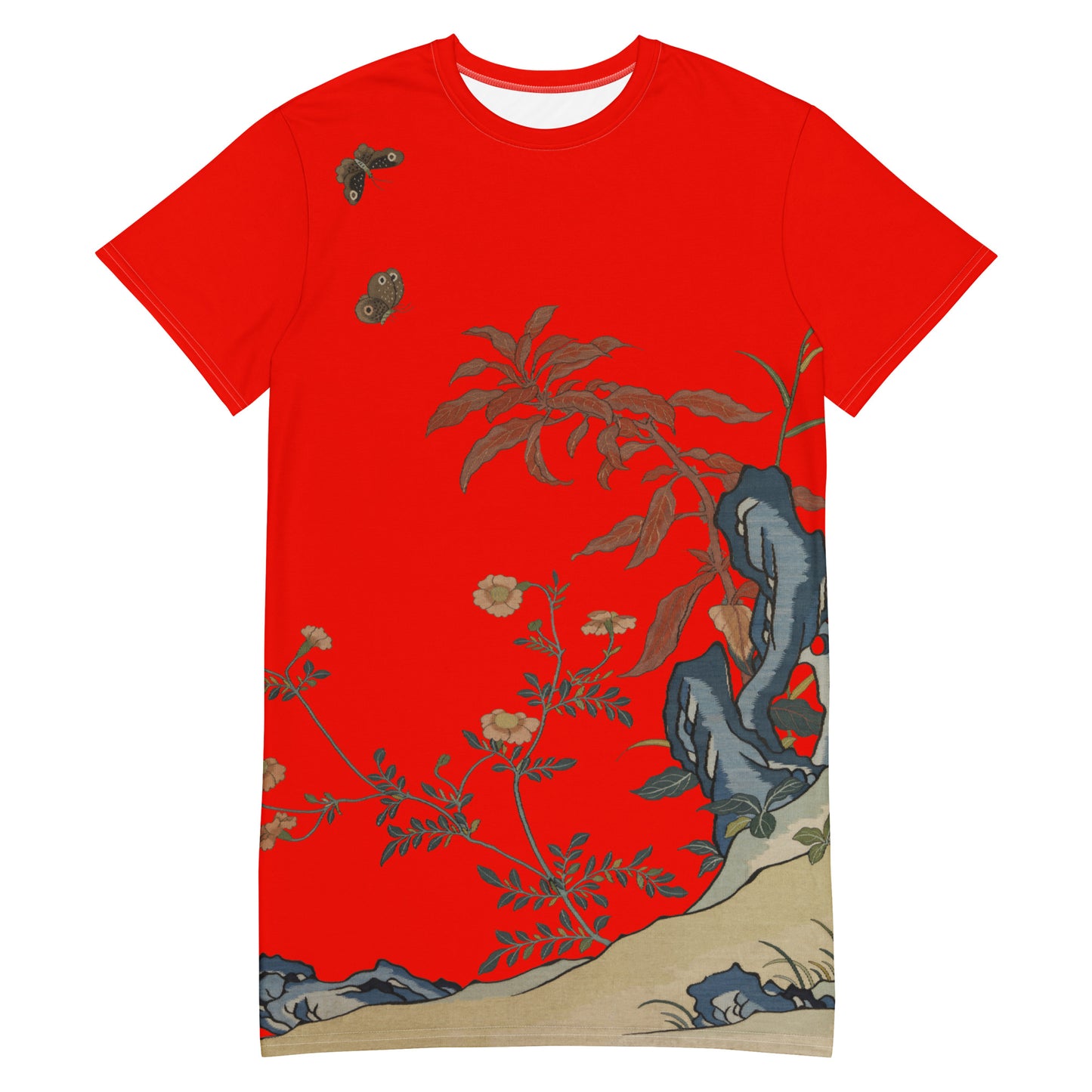 タペストリーの花|蝶と花|Tシャツドレス|Garnet red