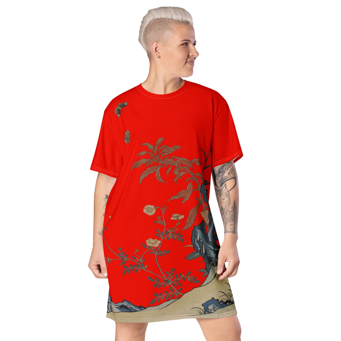タペストリーの花|蝶と花|Tシャツドレス|Garnet red