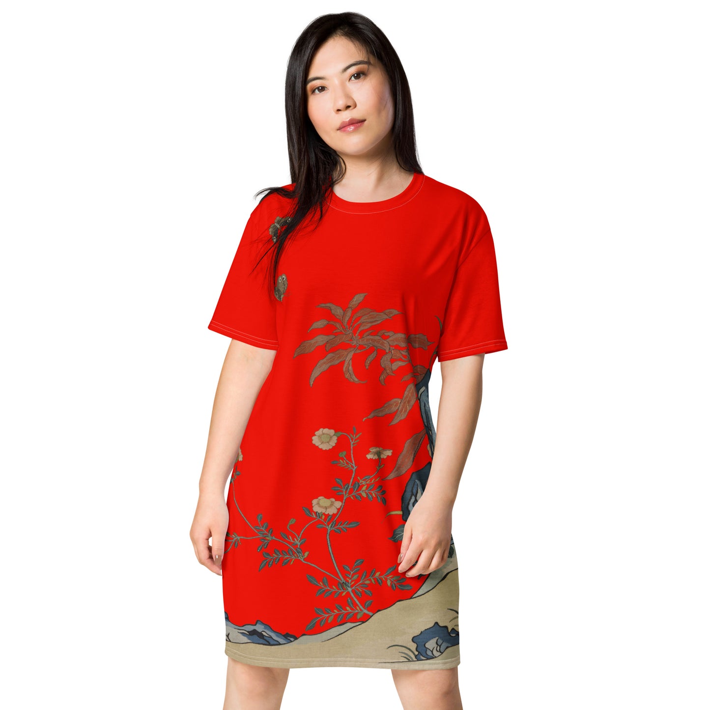 タペストリーの花|蝶と花|Tシャツドレス|Garnet red