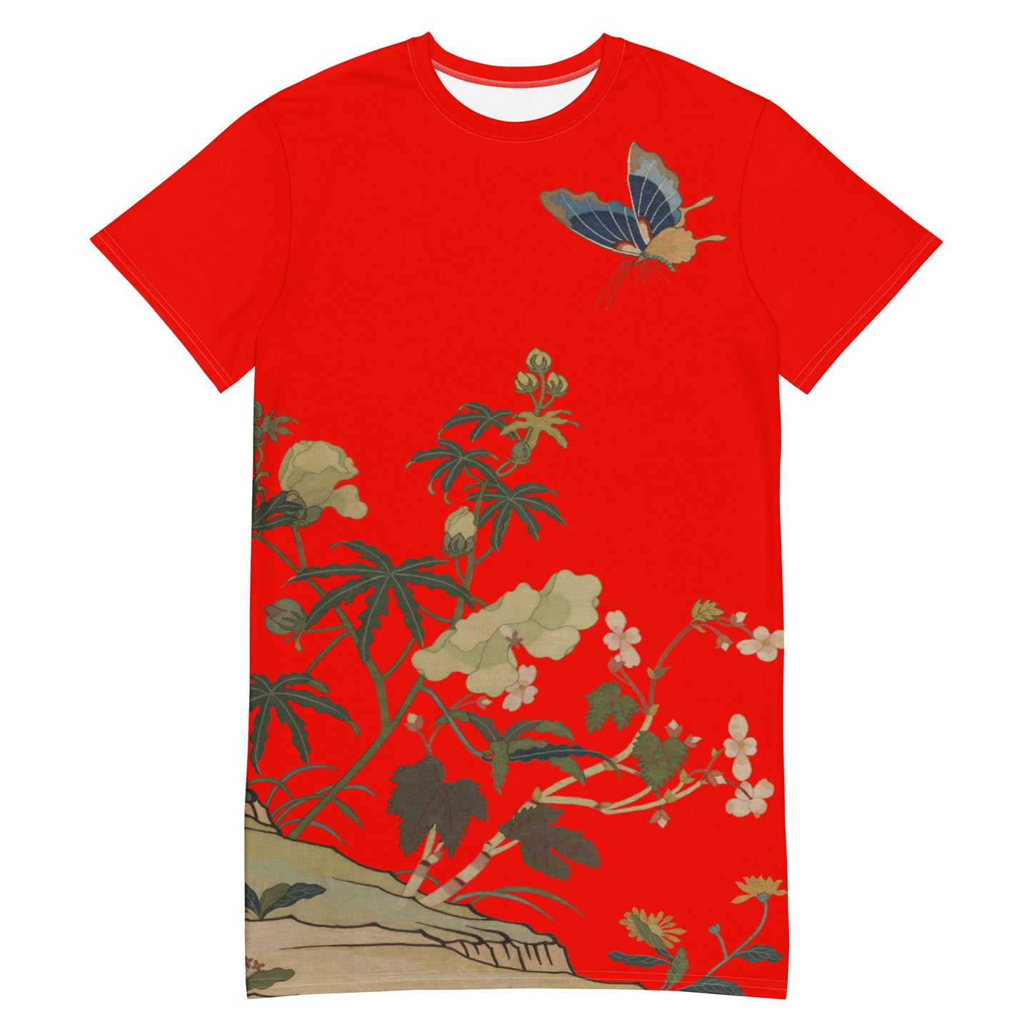 タペストリーの花|ハイビスカスとベゴニアの花|Tシャツドレス|Garnet red