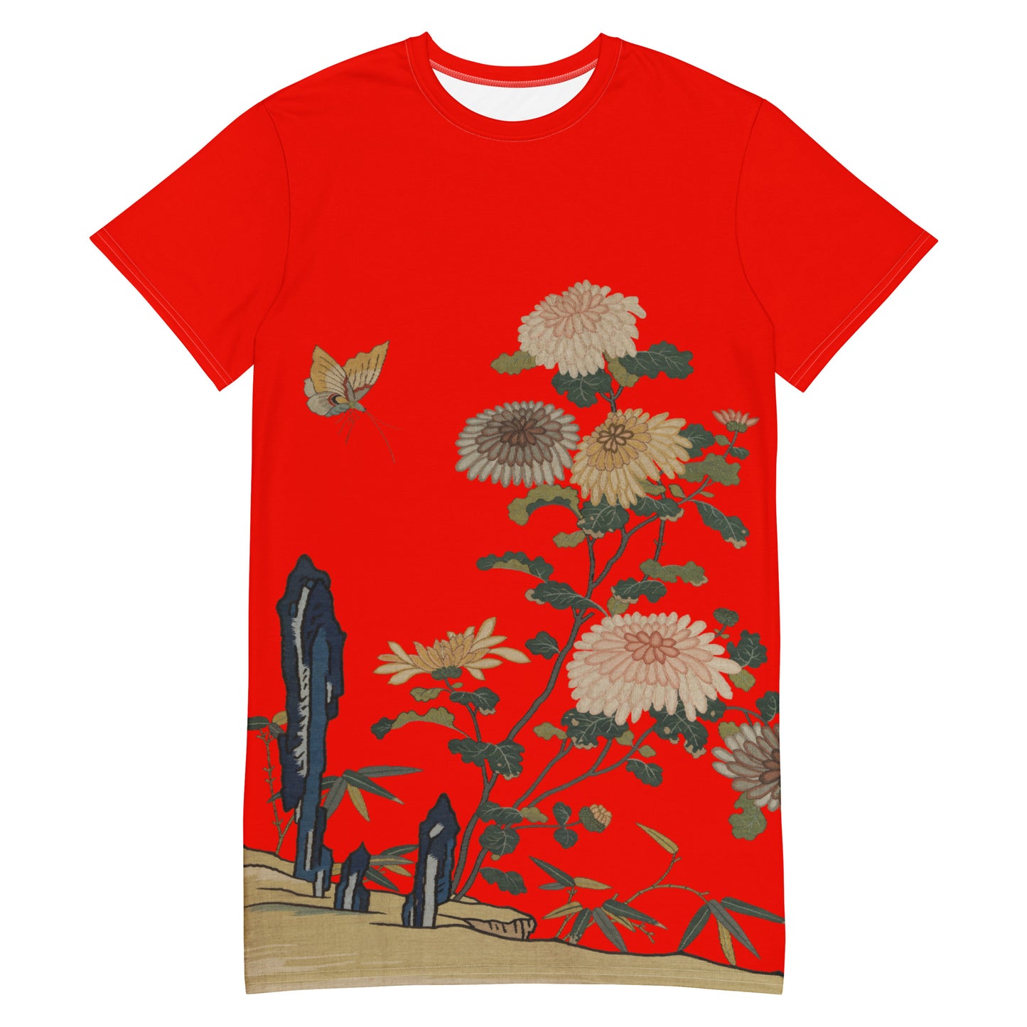 タペストリーの花|菊と蝶|Tシャツドレス|Garnet red