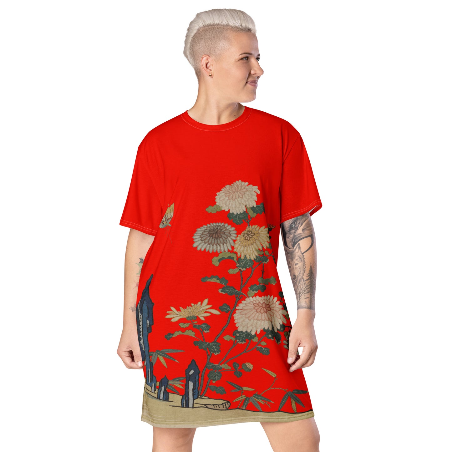 タペストリーの花|菊と蝶|Tシャツドレス|Garnet red