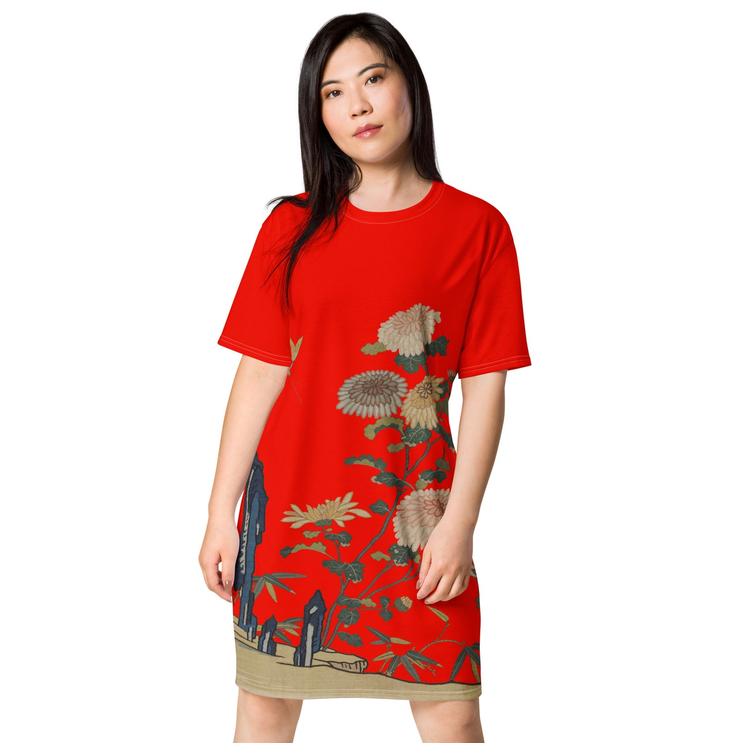 タペストリーの花|菊と蝶|Tシャツドレス|Garnet red