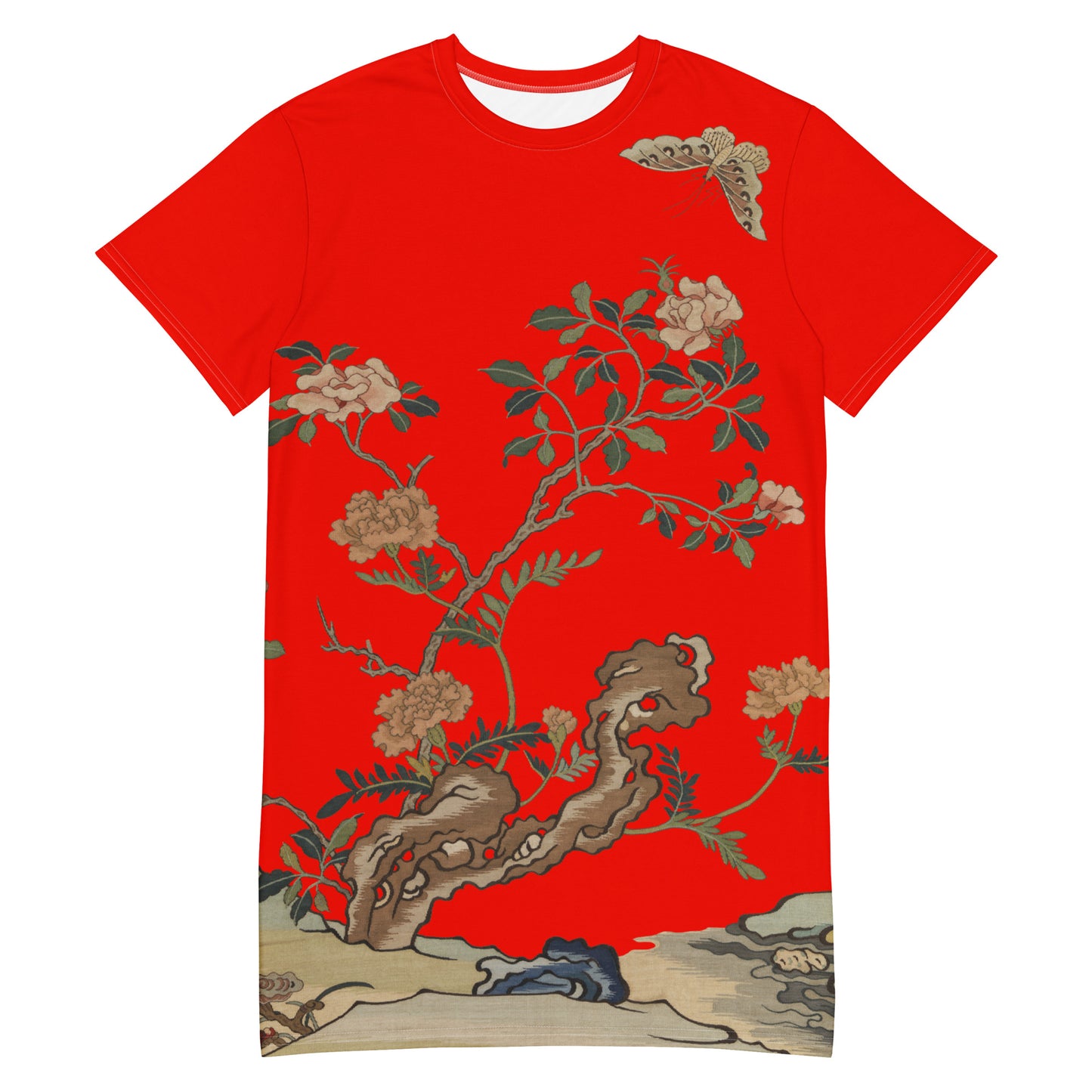 タペストリーの花|椿と蝶|Tシャツドレス|Garnet red