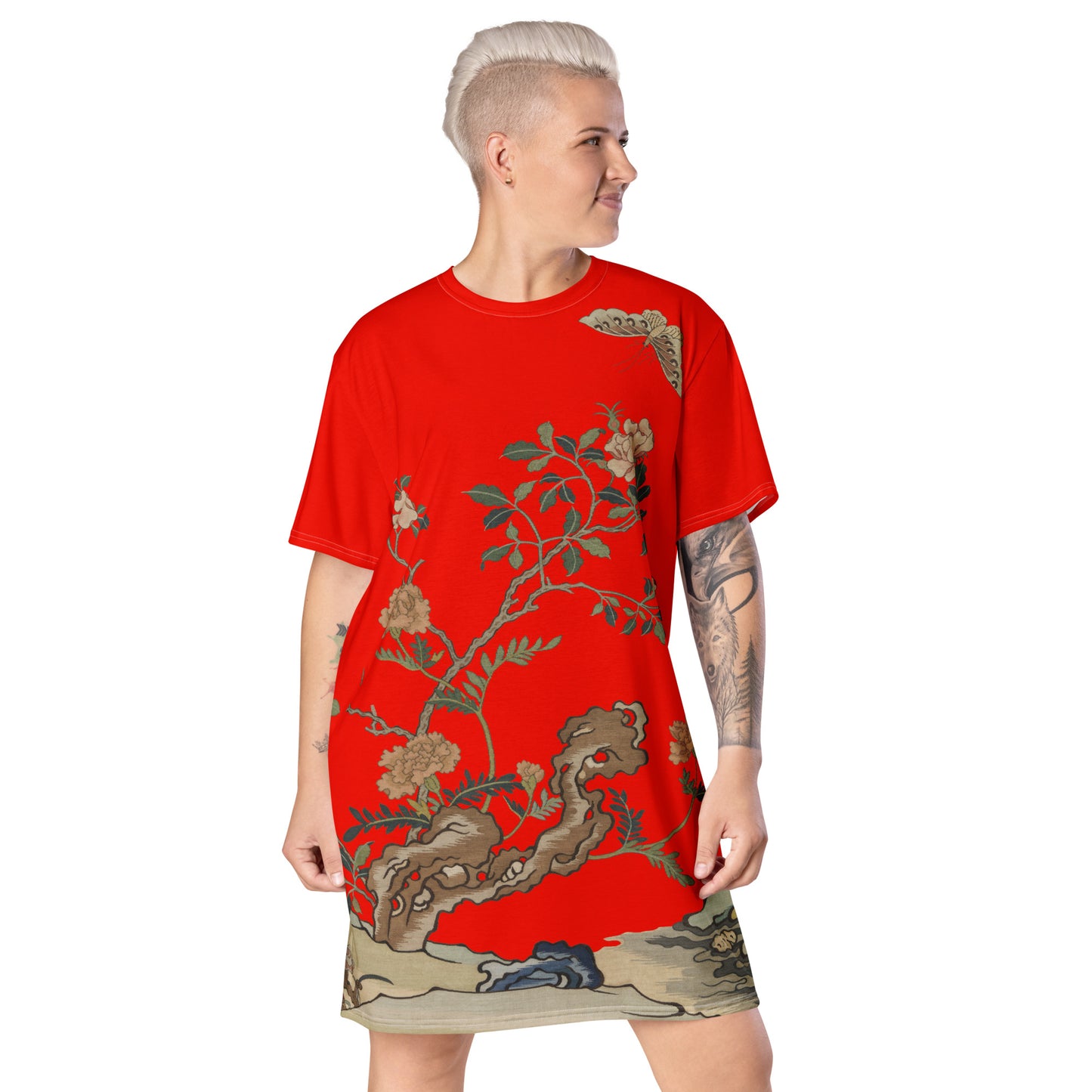 タペストリーの花|椿と蝶|Tシャツドレス|Garnet red