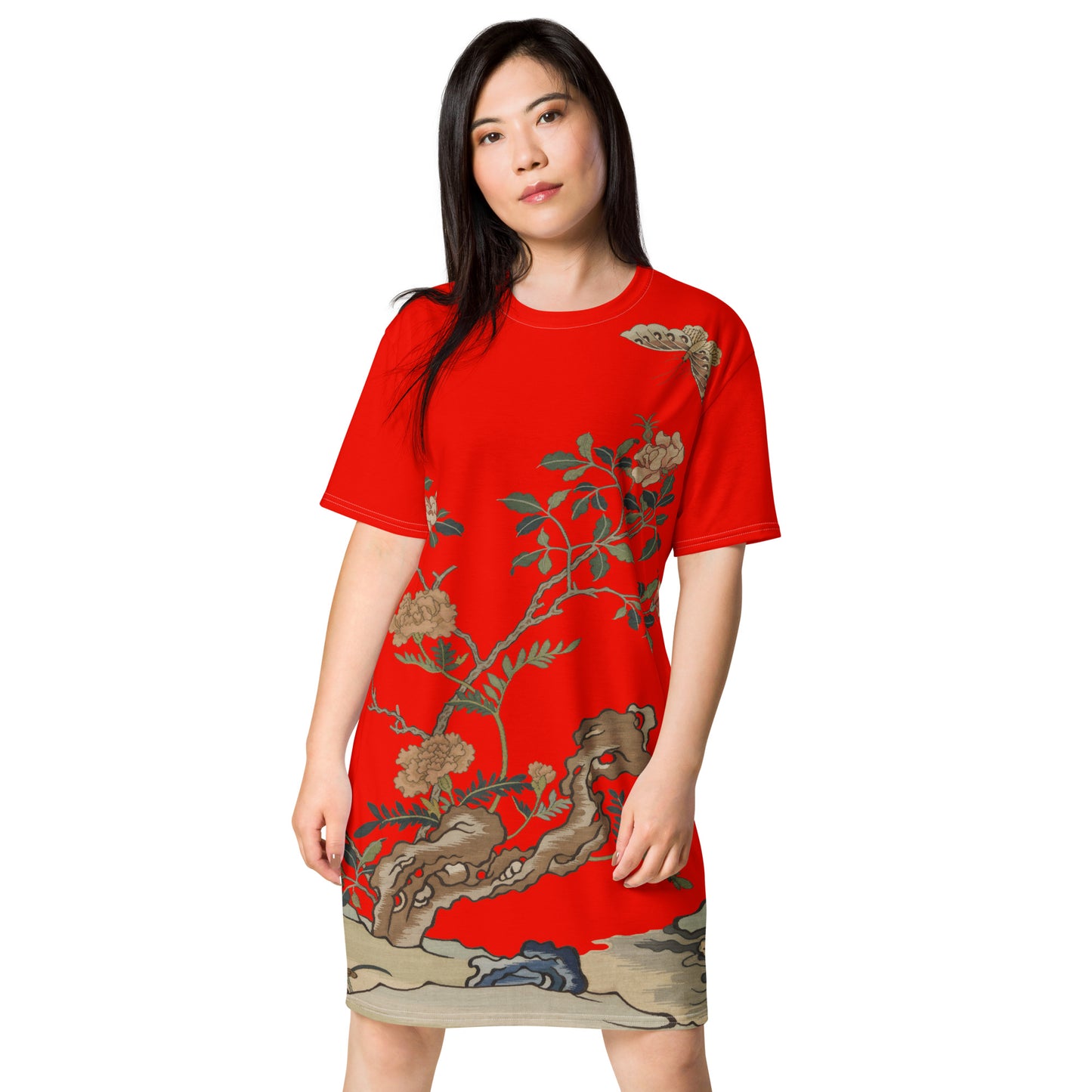 タペストリーの花|椿と蝶|Tシャツドレス|Garnet red