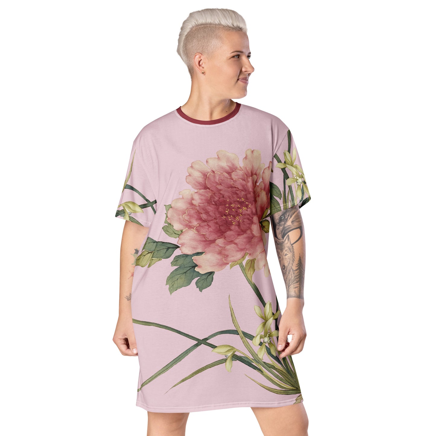 The Spirit of Flowers in Twelve Months|Orchid and Tree Peony in Bloom|T-shirt dress|Pale pinkish gray