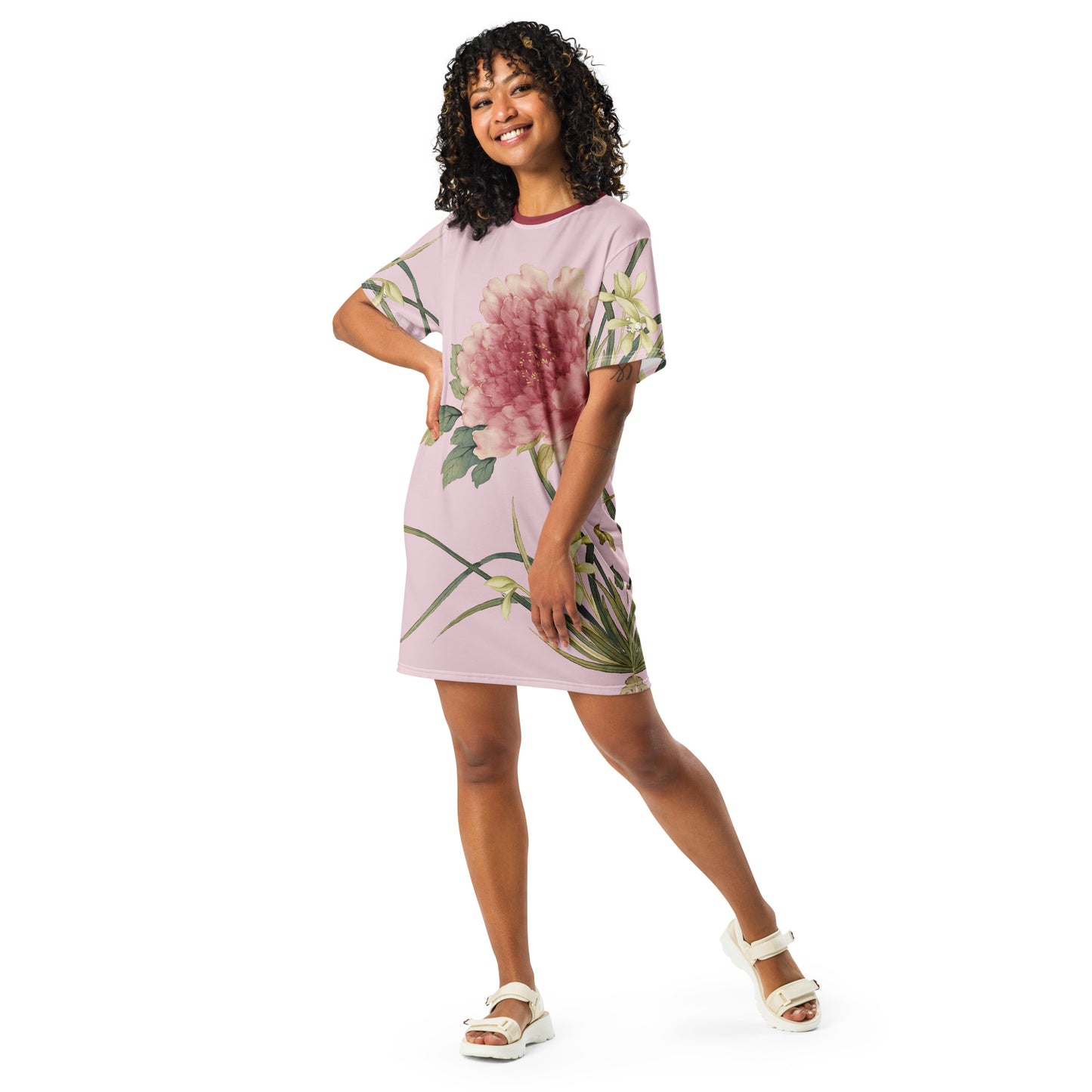 The Spirit of Flowers in Twelve Months|Orchid and Tree Peony in Bloom|T-shirt dress|Pale pinkish gray