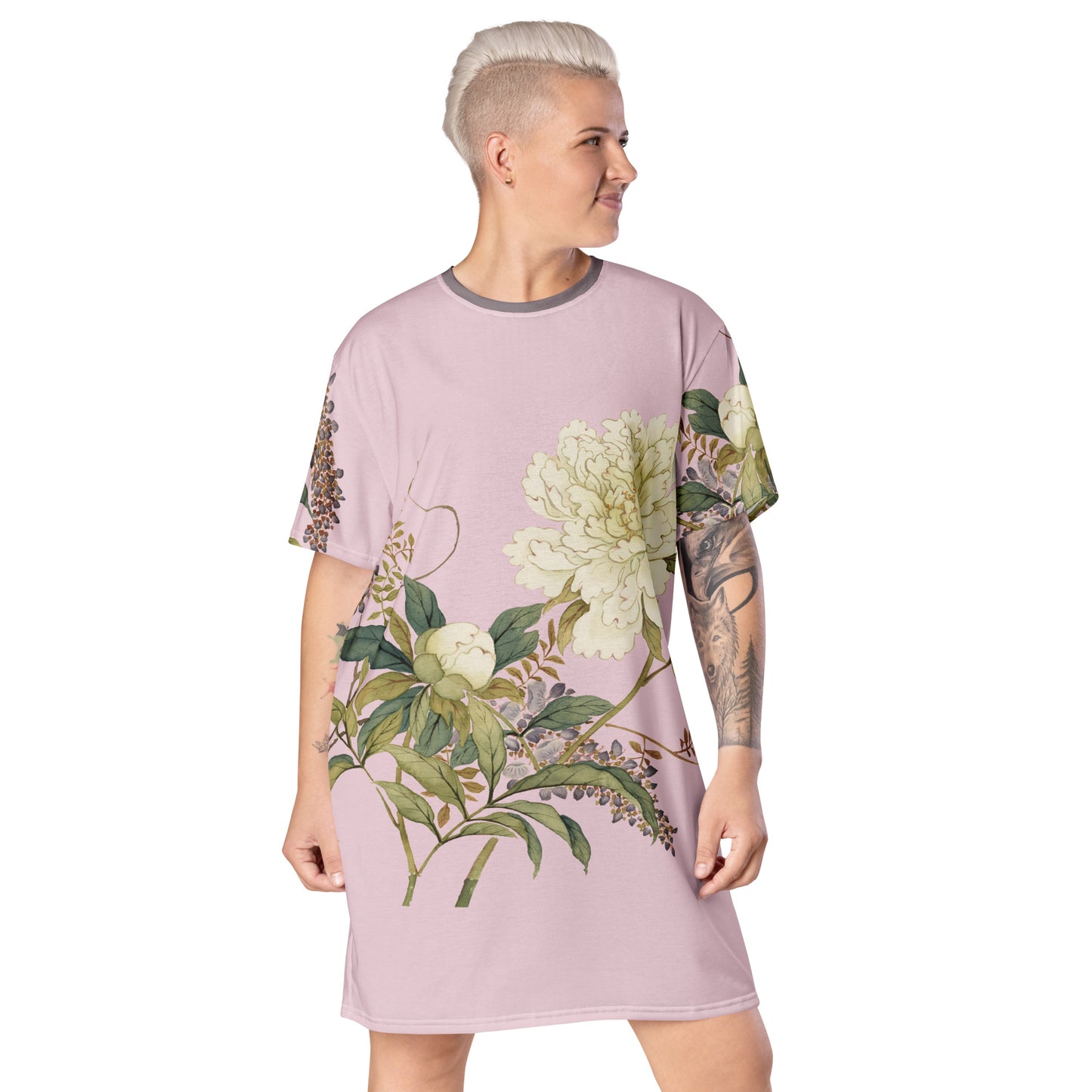 The Spirit of Flowers in Twelve Months|Chinese Peony and Wisteria in Bloom|T-shirt dress|Pale pinkish gray