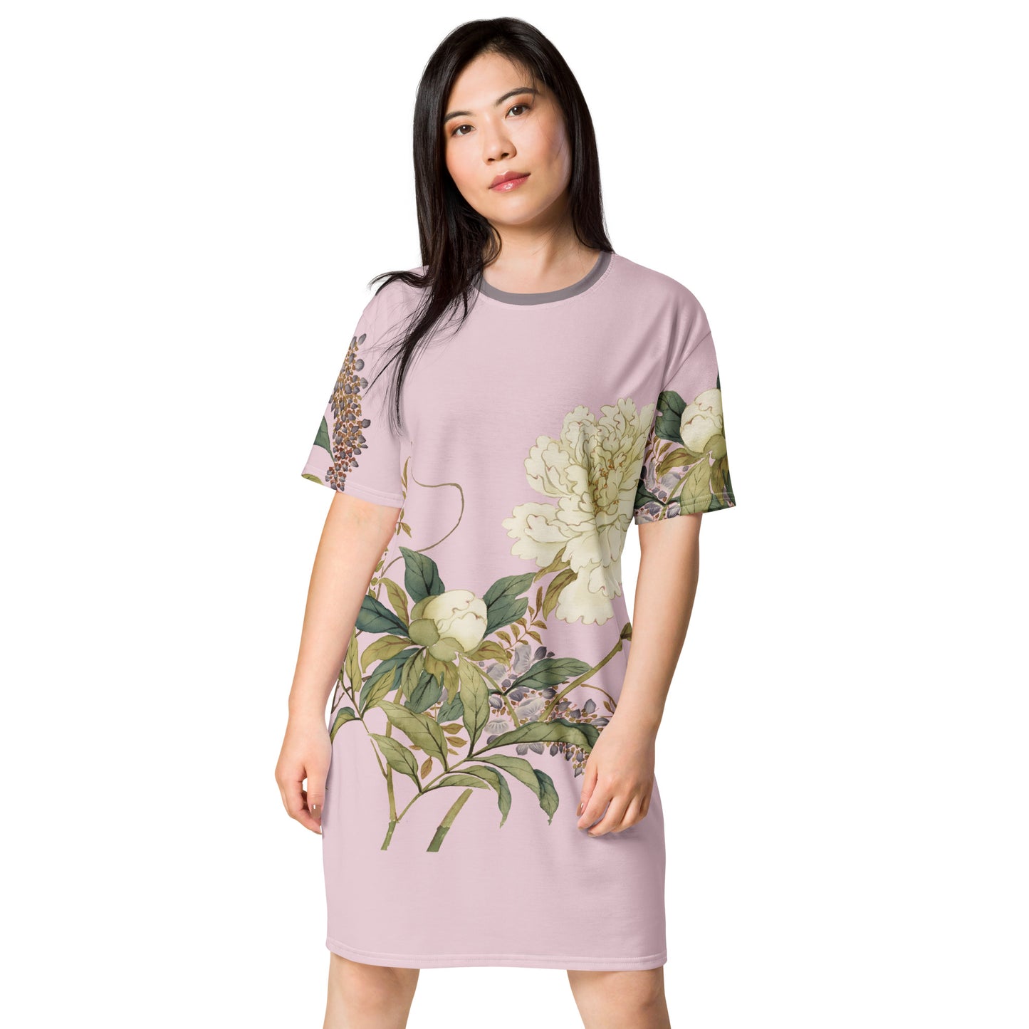 The Spirit of Flowers in Twelve Months|Chinese Peony and Wisteria in Bloom|T-shirt dress|Pale pinkish gray