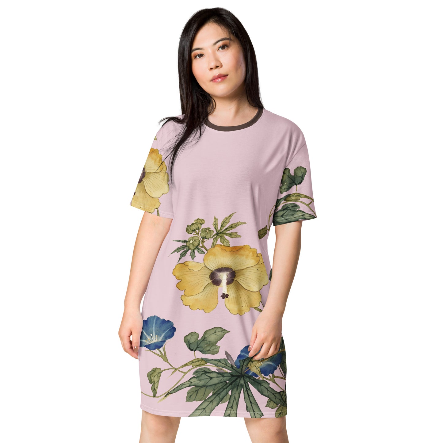 The Spirit of Flowers in Twelve Months|Okra and White-edged Morning Glory in Bloom|T-shirt dress|Pale pinkish gray