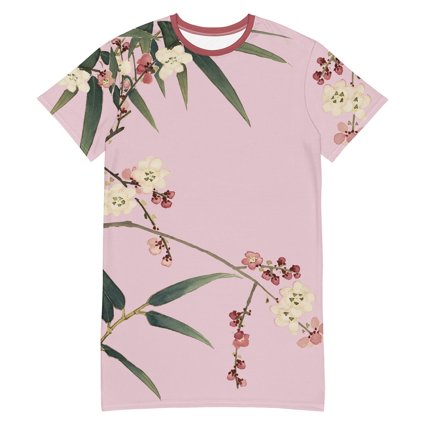 The Spirit of Flowers in Twelve Months|Crimson Plum Blossom and Lush Green Bamboo|T-shirt dress|Pale pinkish gray