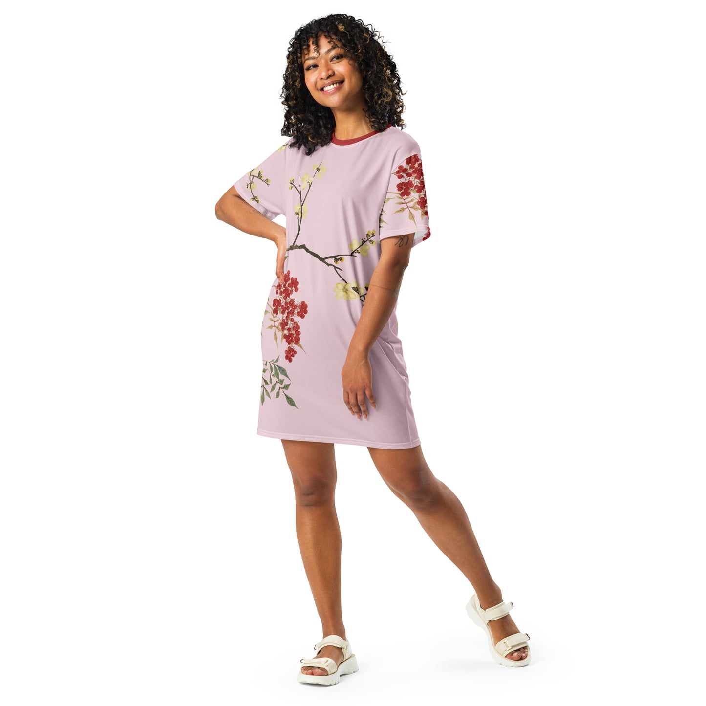 The Spirit of Flowers in Twelve Months|Blooming Wintersweet and Heavenly Bamboo|T-shirt dress|Pale pinkish gray