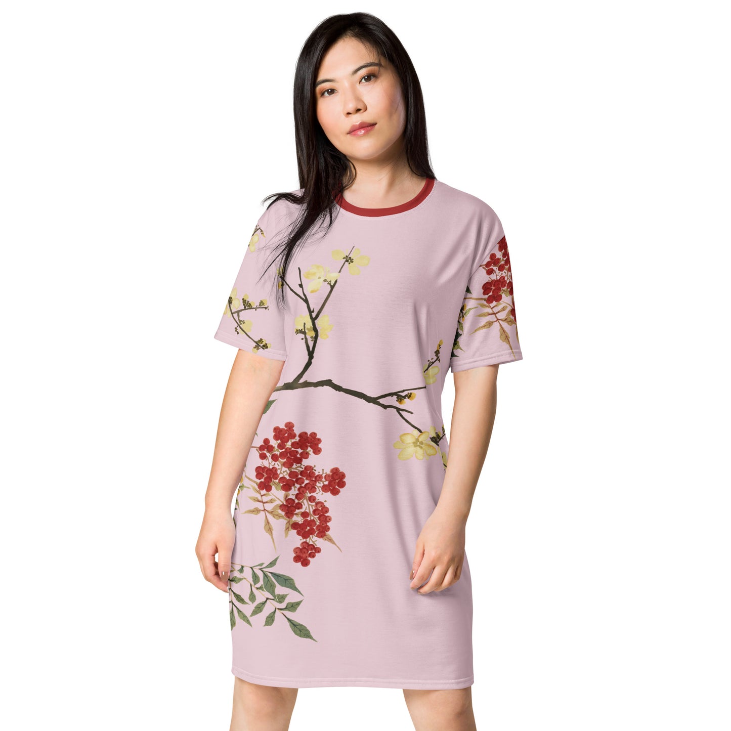 The Spirit of Flowers in Twelve Months|Blooming Wintersweet and Heavenly Bamboo|T-shirt dress|Pale pinkish gray