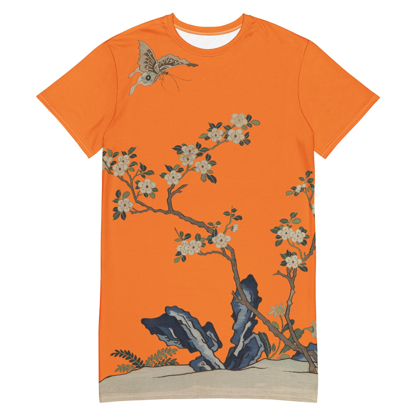 タペストリーの花|White Plum Blossoms and Butterfly|T-shirt dress|Orange