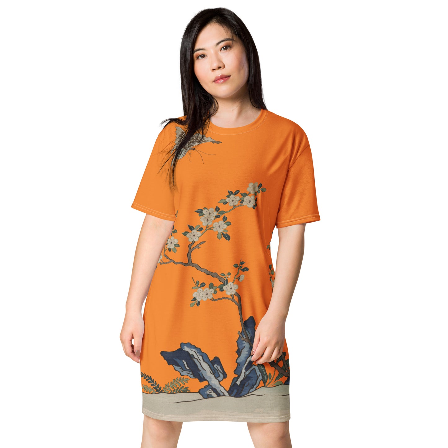 タペストリーの花|White Plum Blossoms and Butterfly|T-shirt dress|Orange