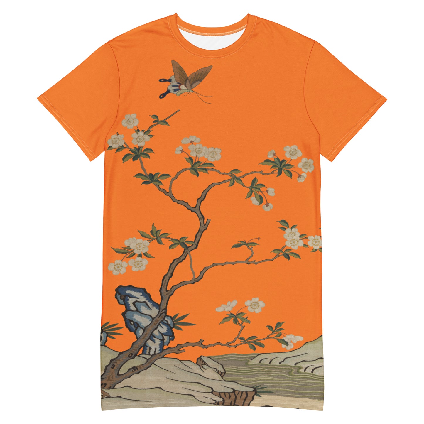 タペストリーの花|梅の花と蝶|Tシャツドレス|オレンジ