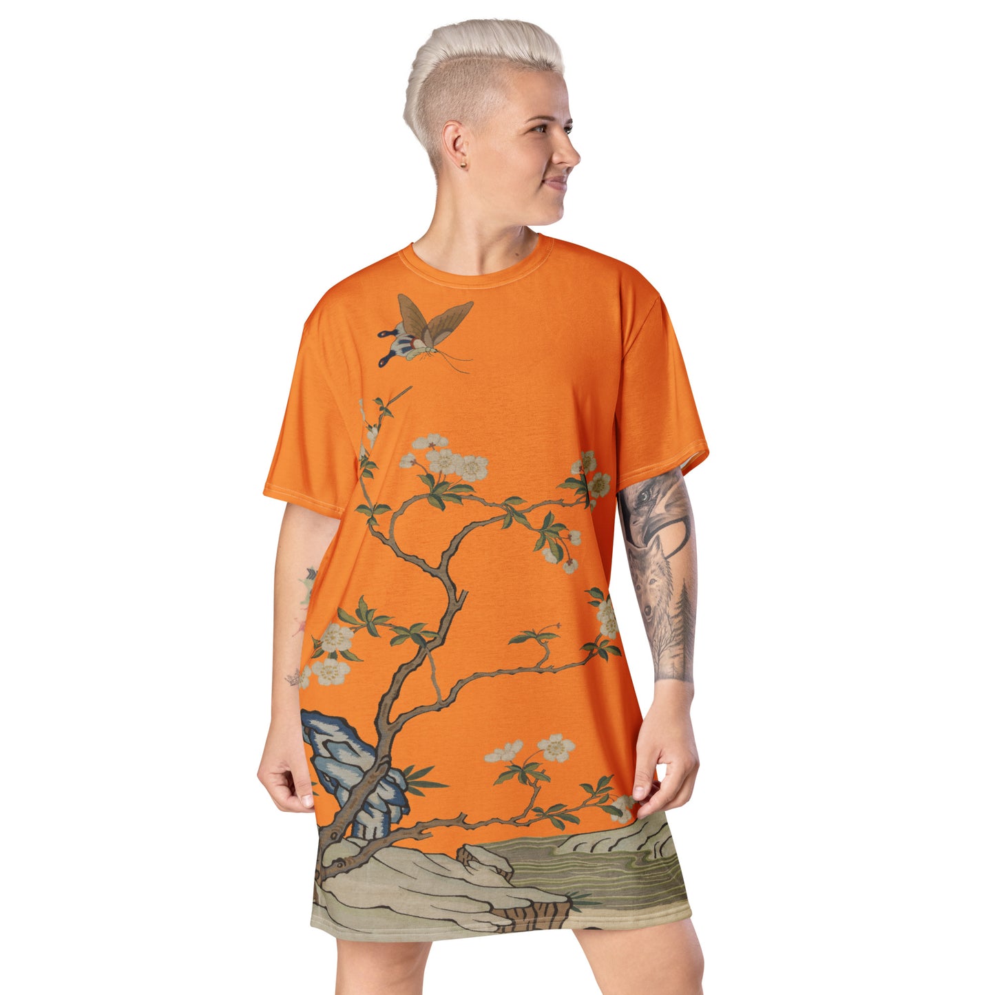 タペストリーの花|梅の花と蝶|Tシャツドレス|オレンジ