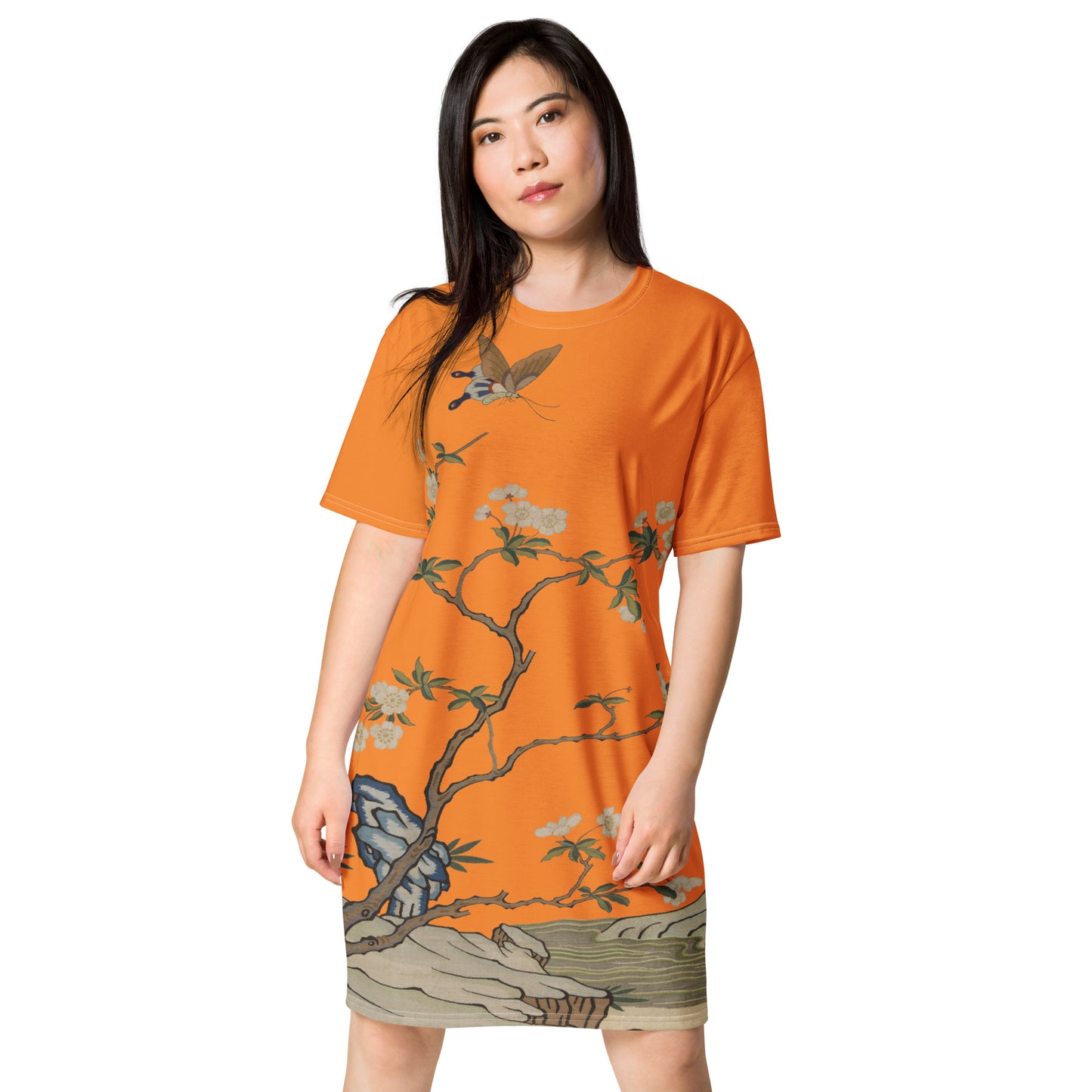 タペストリーの花|梅の花と蝶|Tシャツドレス|オレンジ