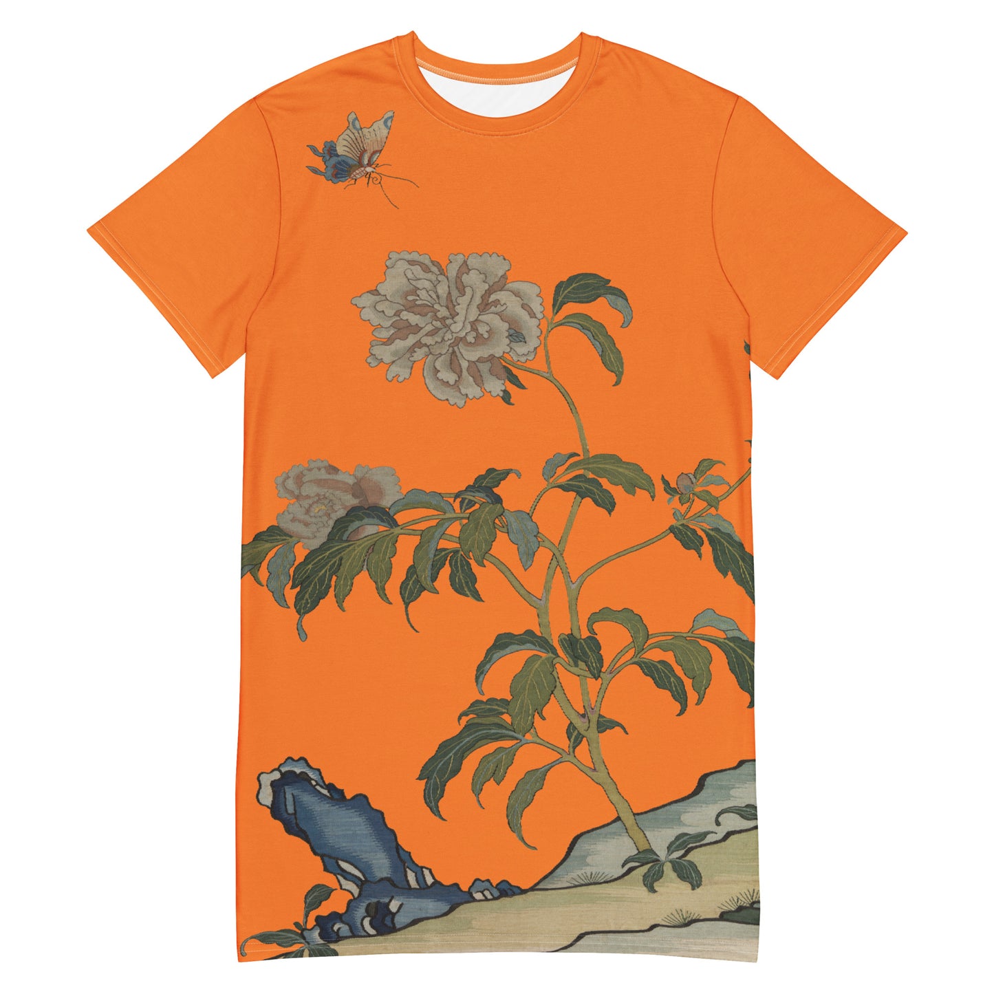タペストリーの花|Peonies and Butterfly|T-shirt dress|Orange