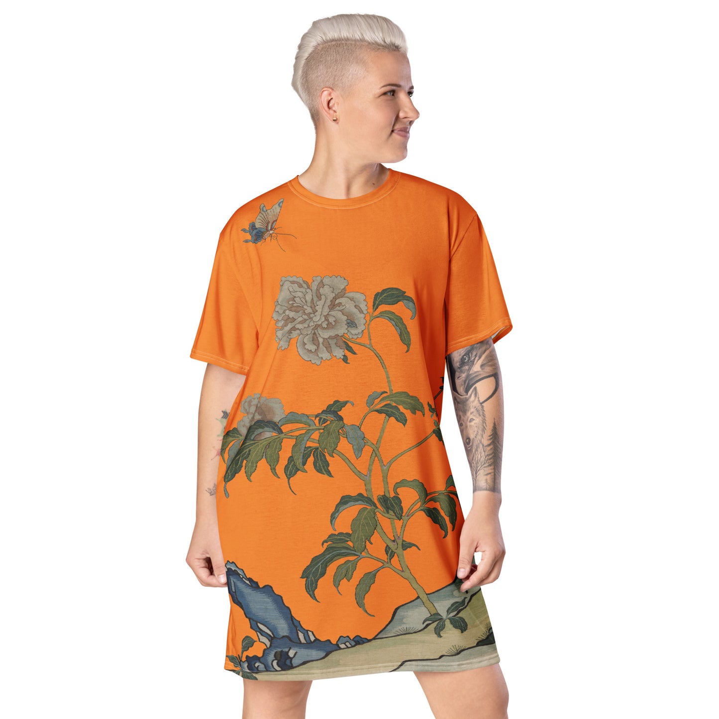 タペストリーの花|Peonies and Butterfly|T-shirt dress|Orange