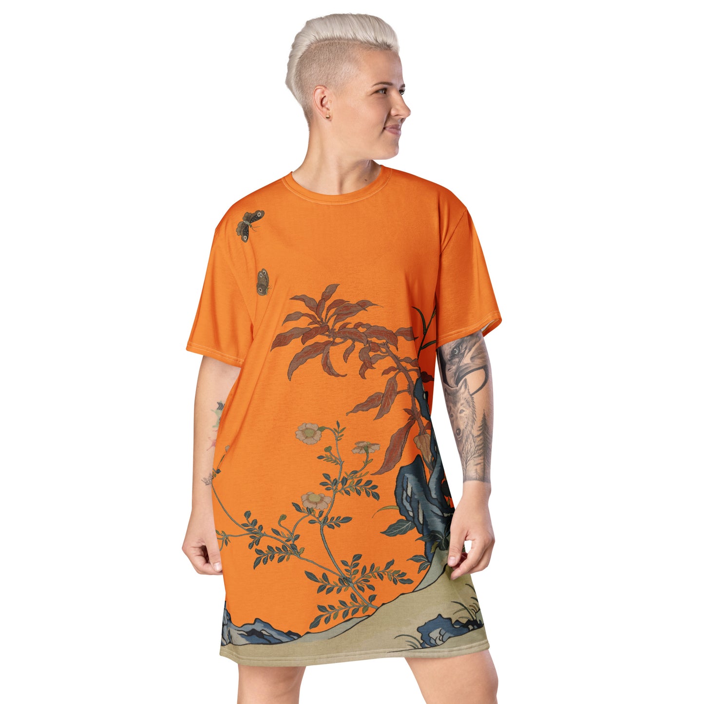 タペストリーの花|Butterflies and Flowers|T-shirt dress|Orange