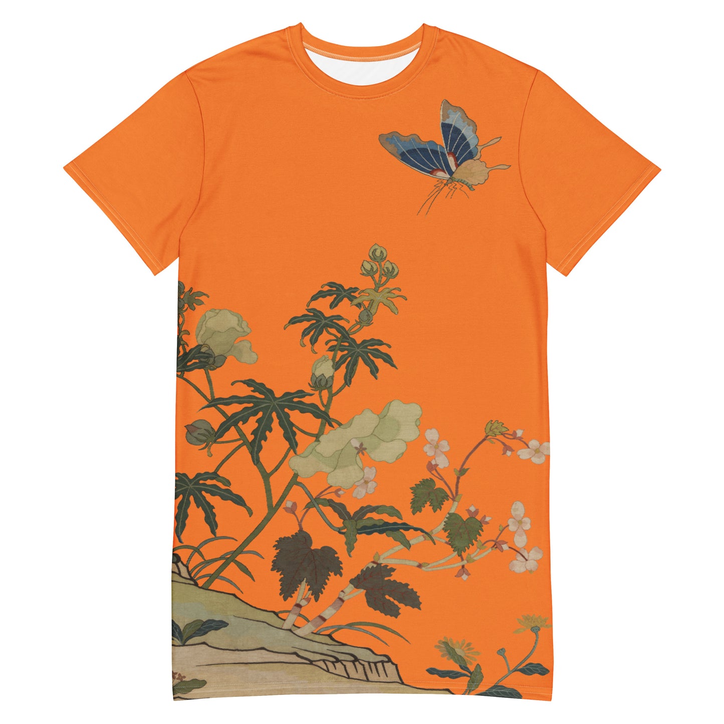タペストリーの花|ハイビスカスとベゴニアの花|Tシャツドレス|オレンジ