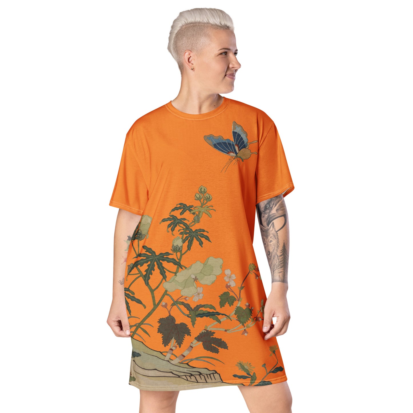 タペストリーの花|ハイビスカスとベゴニアの花|Tシャツドレス|オレンジ