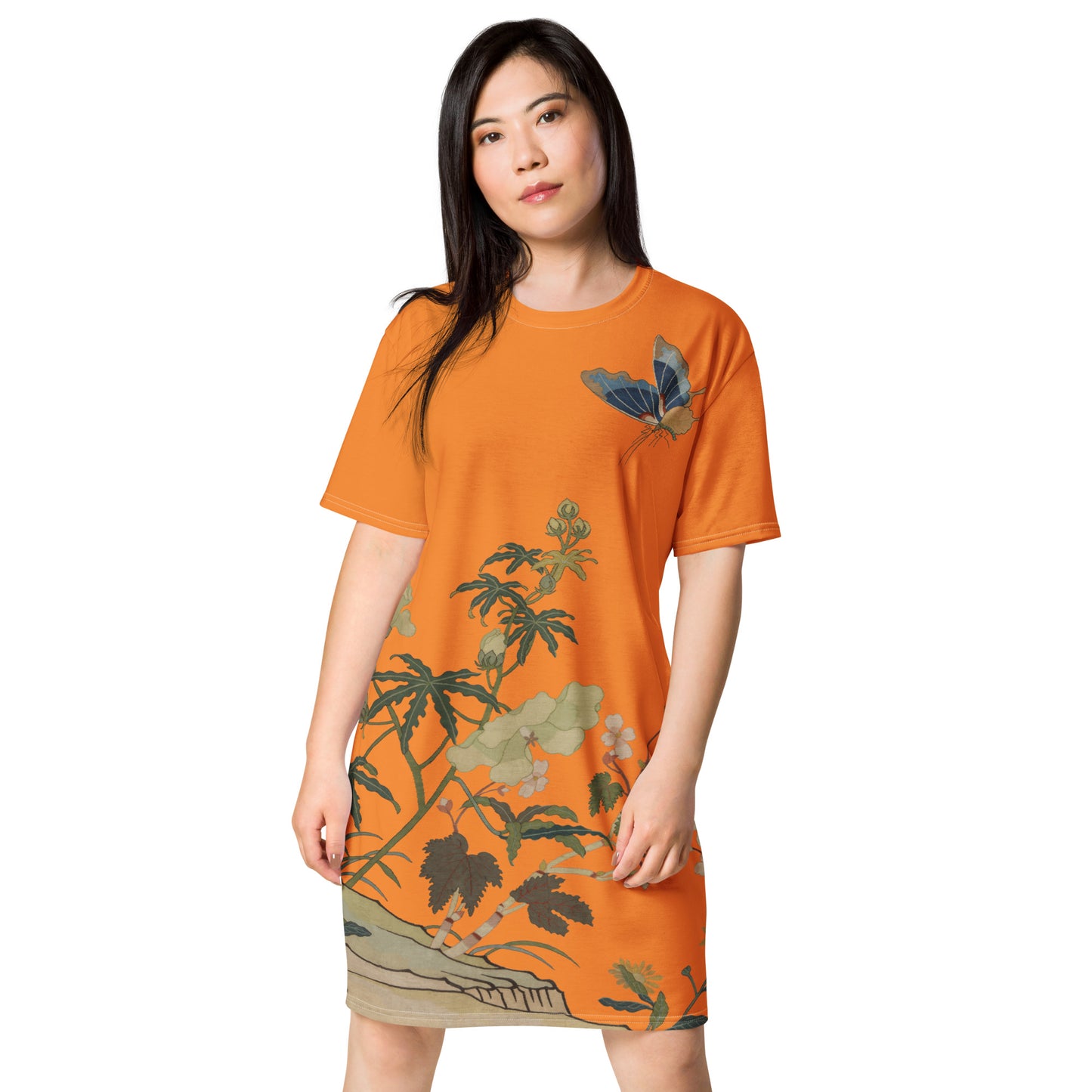 タペストリーの花|ハイビスカスとベゴニアの花|Tシャツドレス|オレンジ