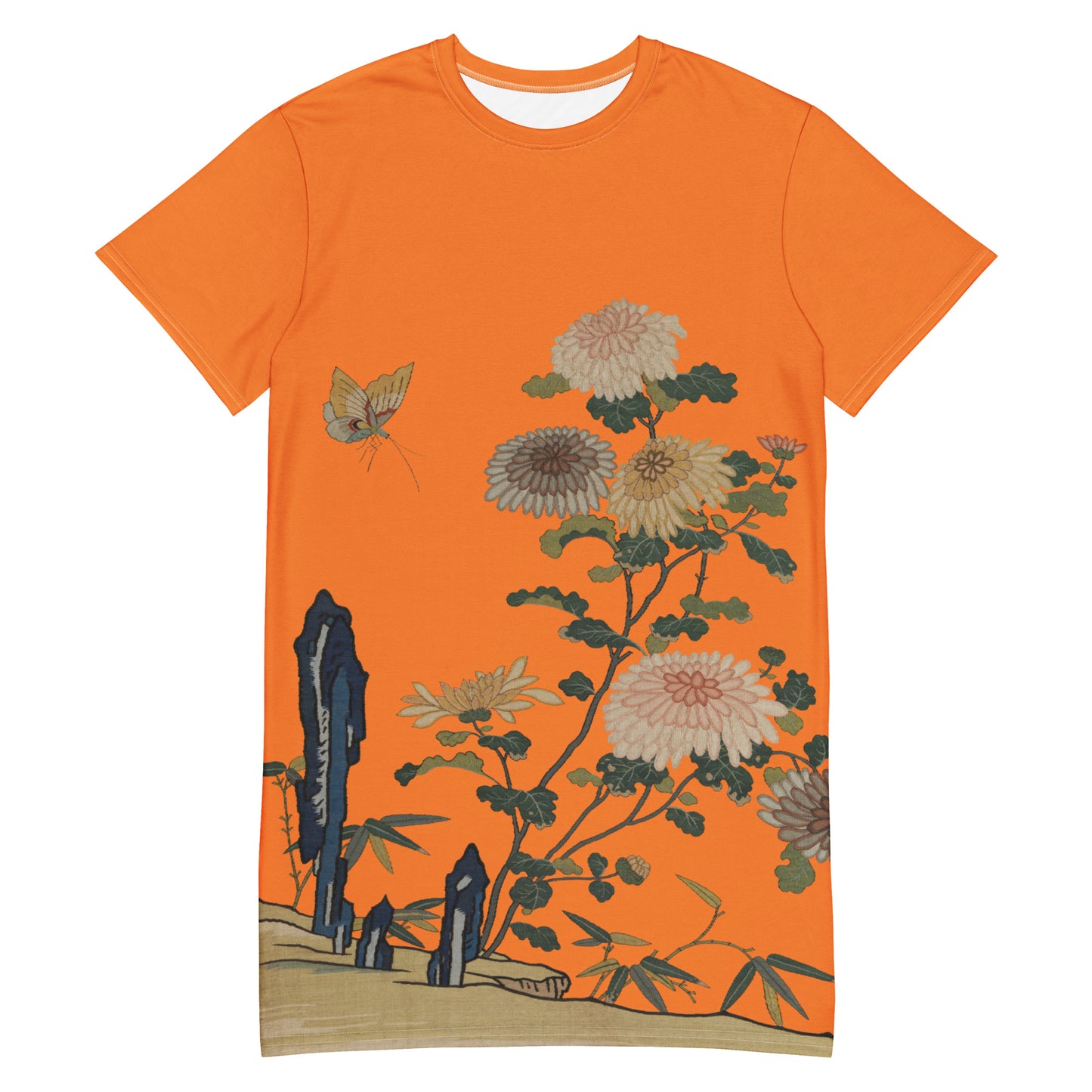 タペストリーの花|Chrysanthemums and Butterflies|T-shirt dress|Orange