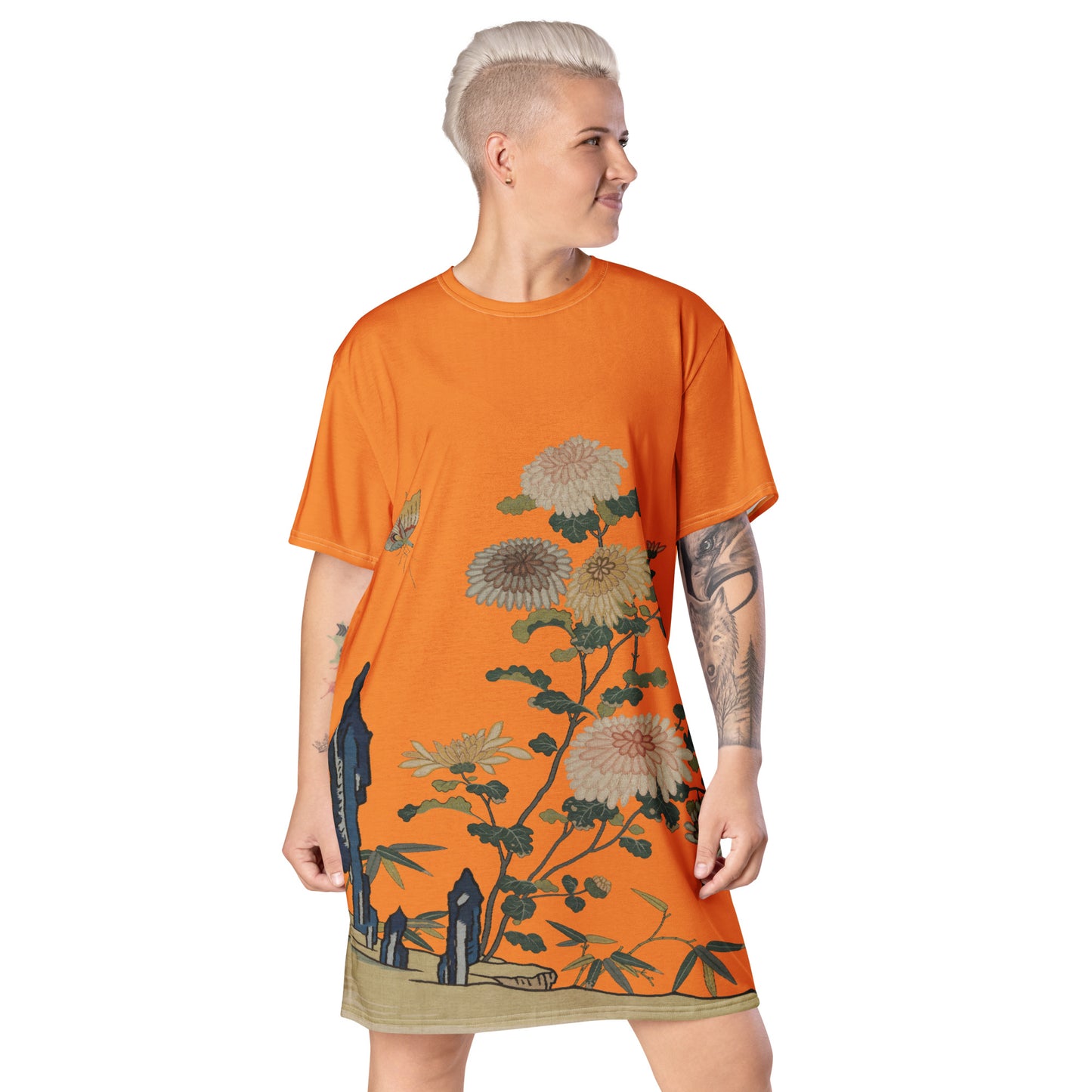 タペストリーの花|Chrysanthemums and Butterflies|T-shirt dress|Orange