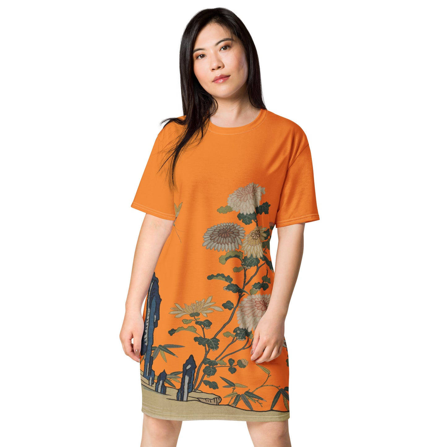 タペストリーの花|Chrysanthemums and Butterflies|T-shirt dress|Orange
