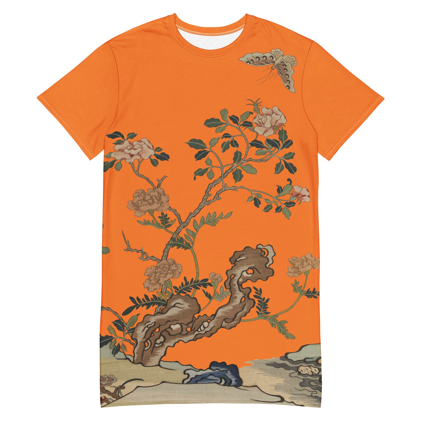 タペストリーの花|椿と蝶|Tシャツドレス|オレンジ