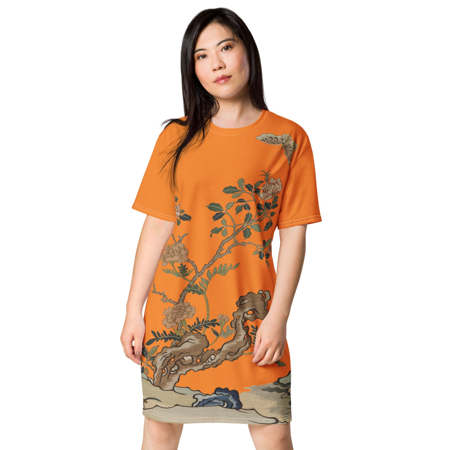 タペストリーの花|椿と蝶|Tシャツドレス|オレンジ