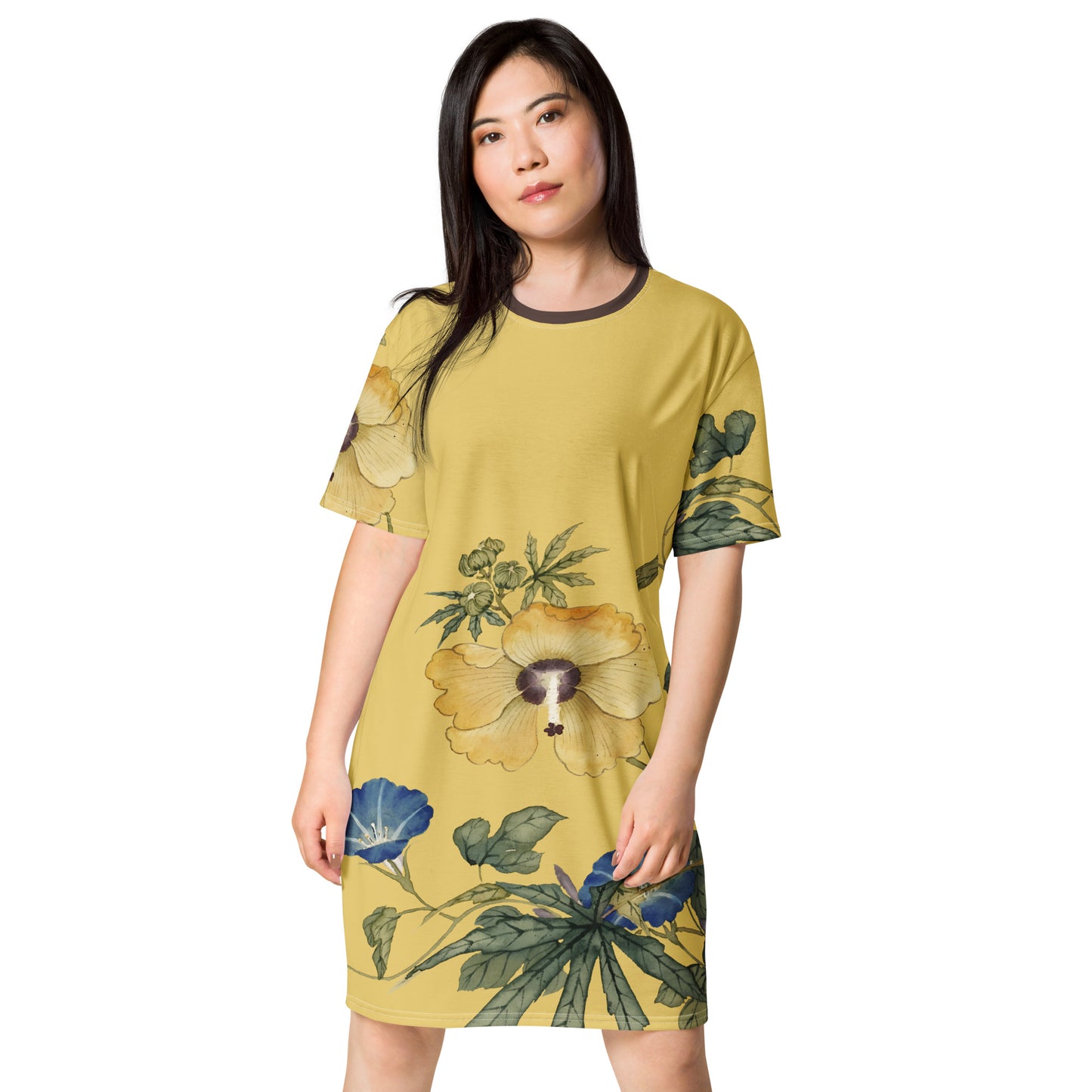 The Spirit of Flowers in Twelve Months|Okra and White-edged Morning Glory in Bloom|T-shirt dress|Gold