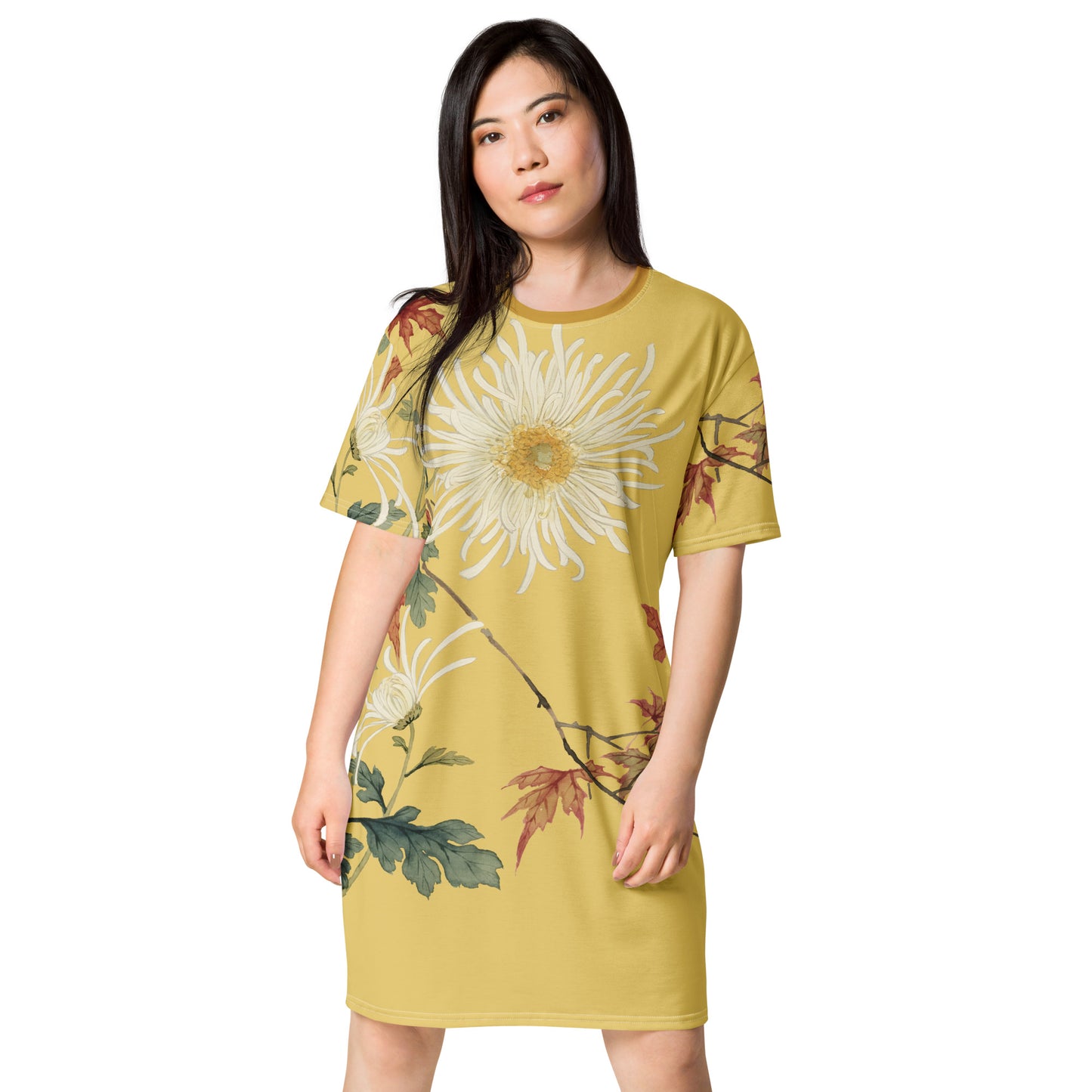 The Spirit of Flowers in Twelve Months|Blooming Chrysanthemum and Maple Leaves|T-shirt dress|Gold