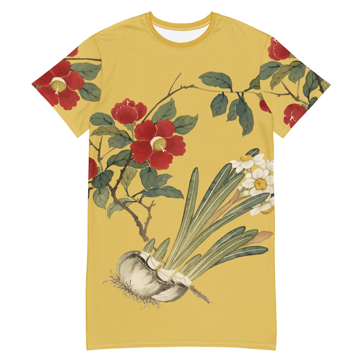 The Spirit of Flowers in Twelve Months|Narcissus and Camelia in Bloom|T-shirt dress|Gold