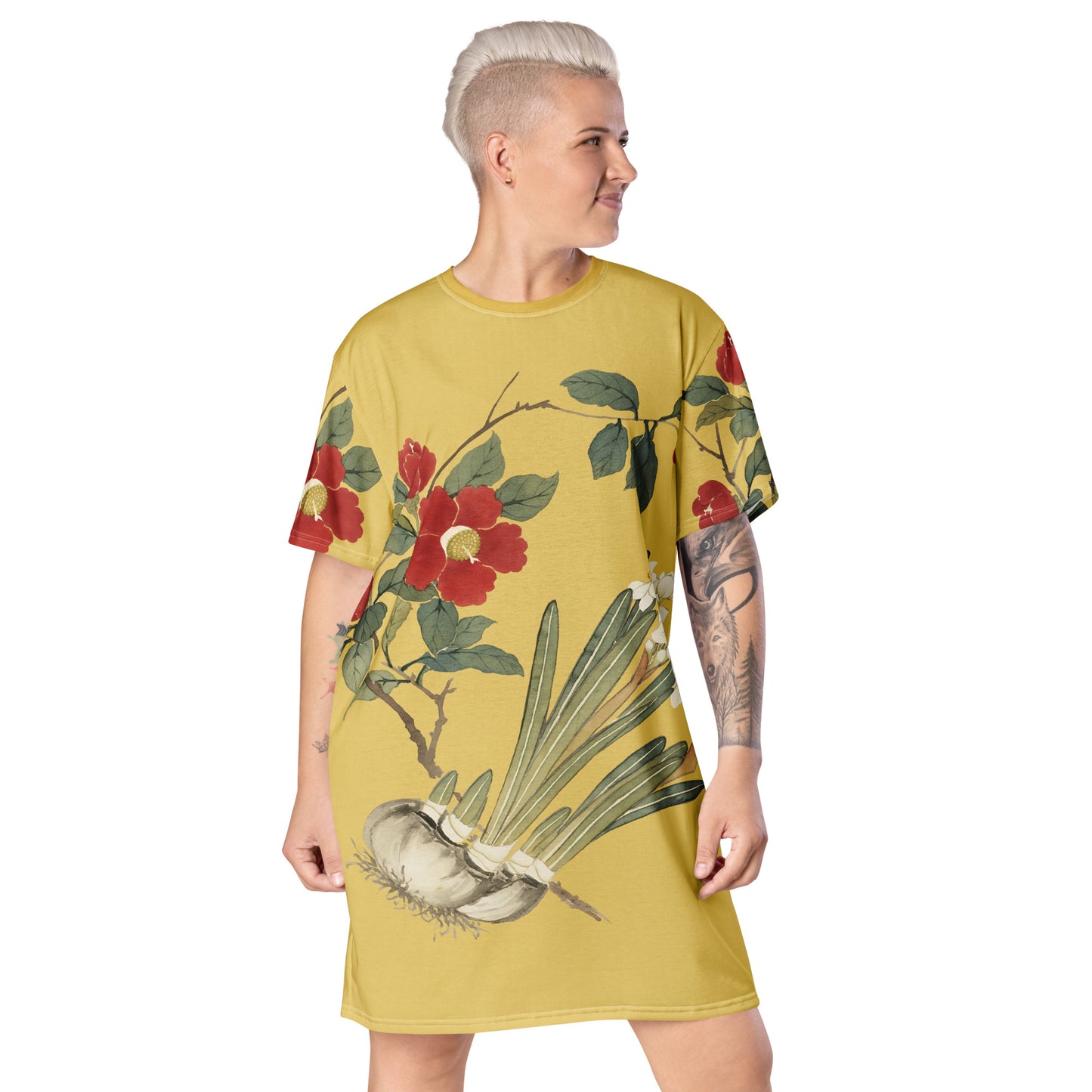The Spirit of Flowers in Twelve Months|Narcissus and Camelia in Bloom|T-shirt dress|Gold
